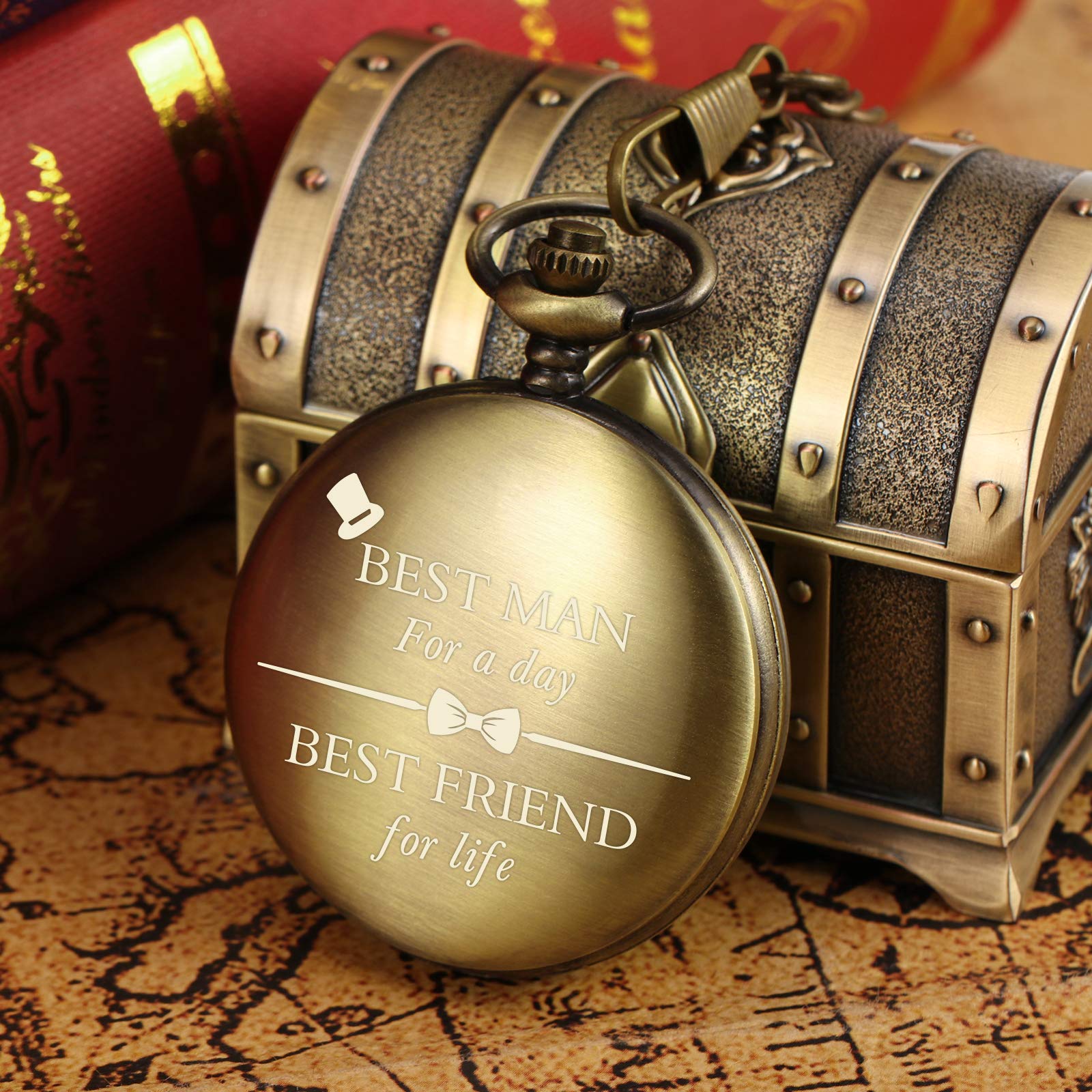 TREEWETO Orologio da Tasca Personalizzato con Incisione Best Man al Quarzo - Fobwatch, Regalo di Nozze per Testimoni di Sposo, Bronzo