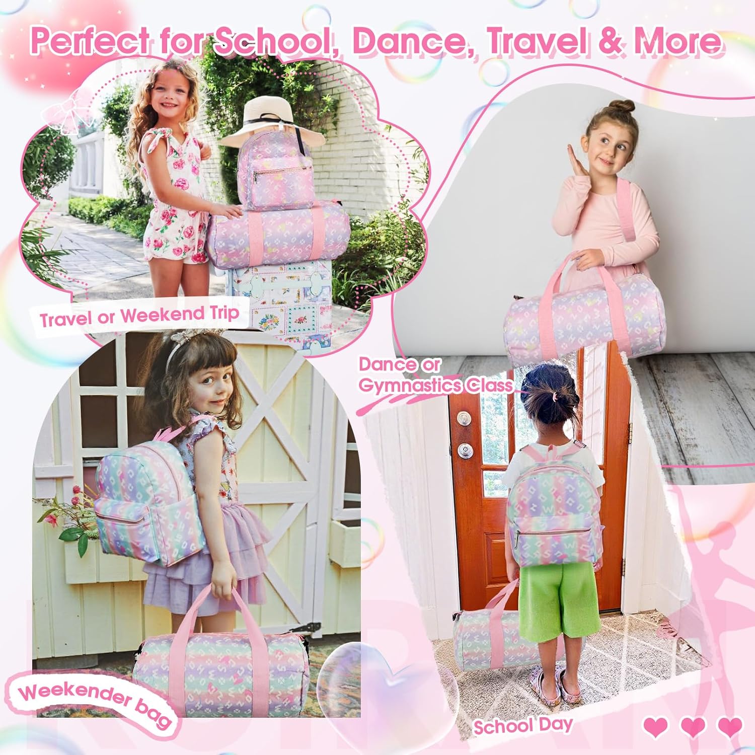 Dance Bag and BackPack Set for Girls, 2PCS Ballet Sport Gym Duffle Overnight Travel Cute Bags for Dancers, Girls, Teens, Student Athletes (Pink Rainbow) - Image 7