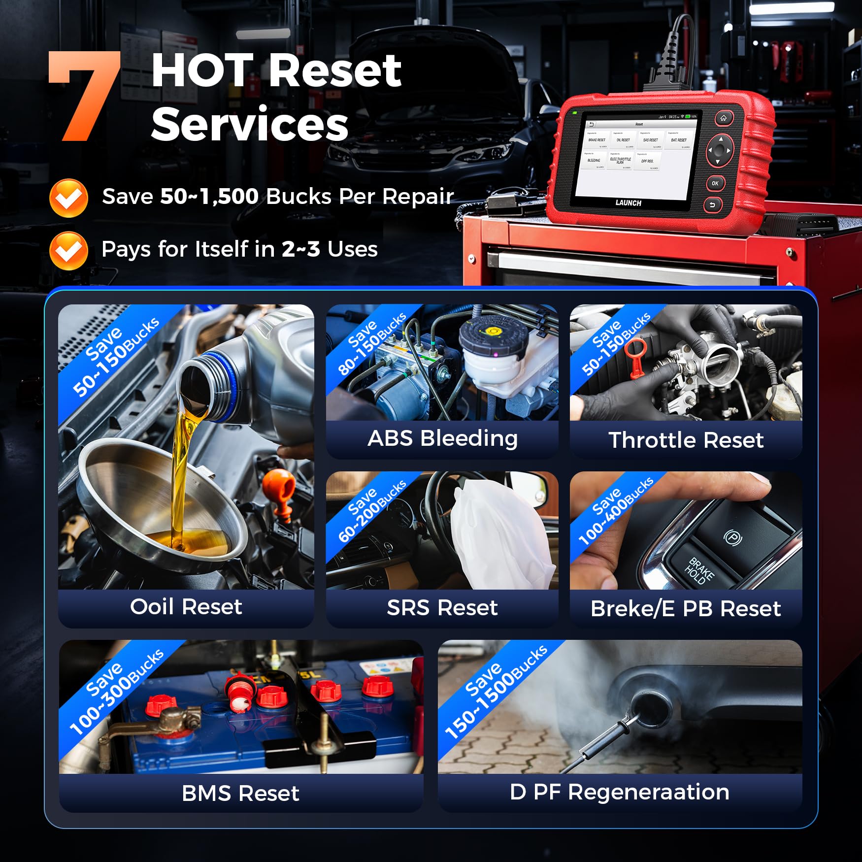 LAUNCH Globel CRP123X V2.0 obd2 Diagnosegerät KFZ-Codeleser für die ABS SRS Motor und Getriebe, 7 Rückstellfunktion, 10 OBD2-Funktionen, AUTOVIN, Lebenslanges kostenloses Update
