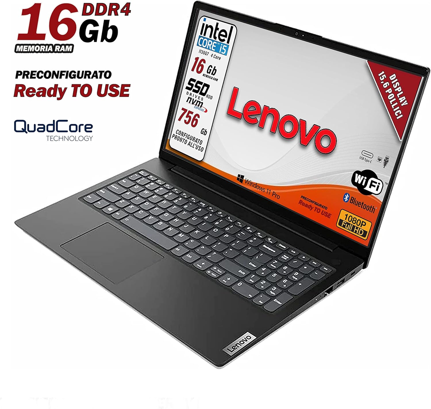 Lenovo Notebook SSD Intel i5 11 th, Display FULL HD 1920x1080 Led da 15,6 Ram 16 Gb DDR4, SSHD 756 Gb, wifi, webcam, Bt, 3 usb, Win 11 Pro, Libre Office, pronto Alluso, Garanzia Italia 2 Anni