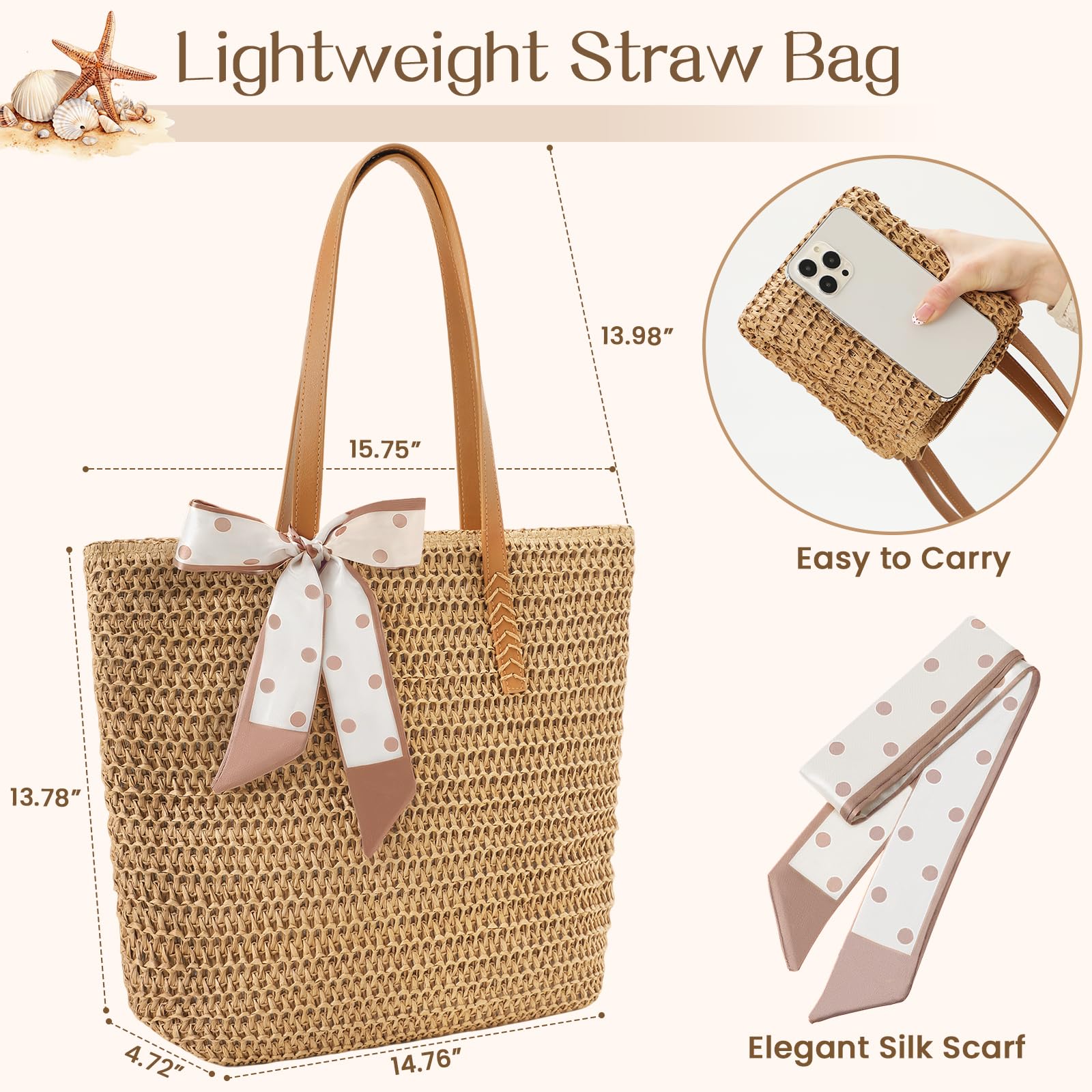 Trifabricy Beach Bags for Women, Large Straw Beach Bag, Beach Tote Bag Shoulder Handbags, Straw Bag Beach Purse for Summer — view 4