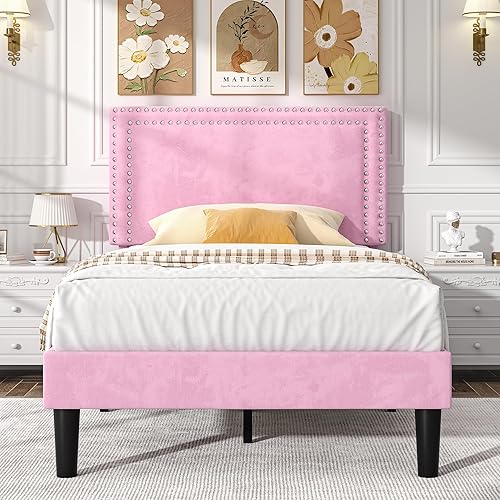 Miniatura 186 de VECELO Base de cama de tamaño matrimonial con cabecera tapizada ajustable, plataforma de listones de madera, diseño sin ruido, fácil montaje Negro