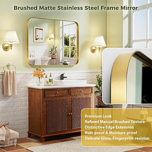 Miniatura 2 de Espejo de baño dorado de 22 x 30 pulgadas, espejo de pared dorado con marco de metal cepillado, espejo rectangular grande y redondeado para baño,