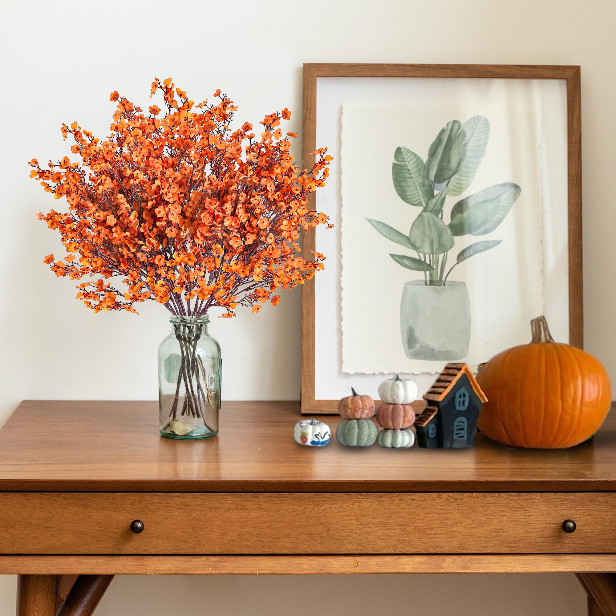 Sggvecsy 15 Pcs Babys Breath Artificial Flowers Gypsophila Bouquets Bulk Real Touch Fake Silk Flowers for Home DIY Floral Arrangement Table Centerpiece Fall Autumn Decoration (Fall Orange)