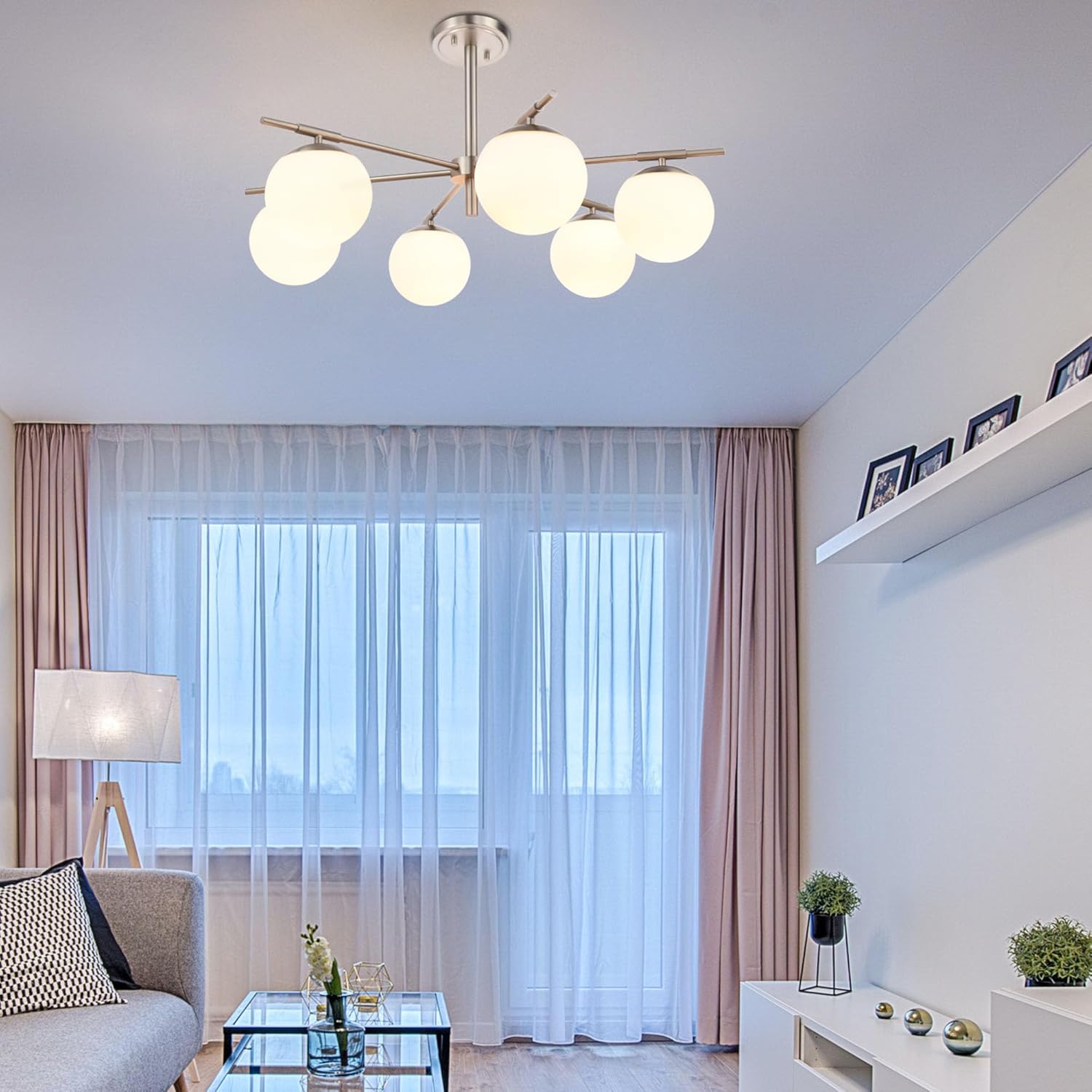 Adjustable Pendant and Ceiling Mount Chandelier, Dining Room Light Fixture Over Table, 6-Light Modern Globe Pendant Light for Living Room, Bedroom, Kitchen, Hallway, Brushed Nickel