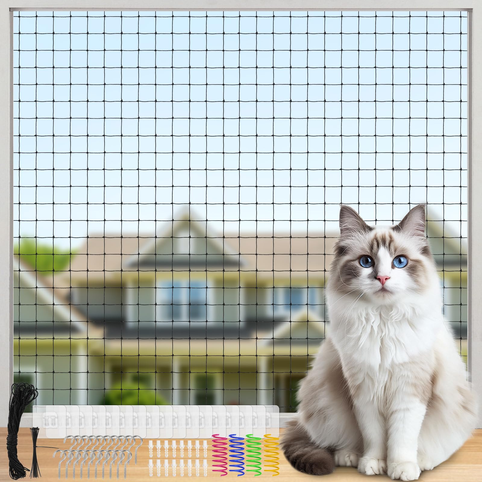 3x4m Rete Balcone per Gatti, Rete per Gatti Rinforzata con Filo Metallico, Rete per Gatti per Balconi, Finestre, con 4 Colorati Giocattoli Primaverili per Gatti