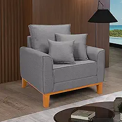 Poltrona Decorativa Beny Fixa Living Linho Para Sala Cadeira Recepção Escritório Base de Madeira (Cinza Claro)