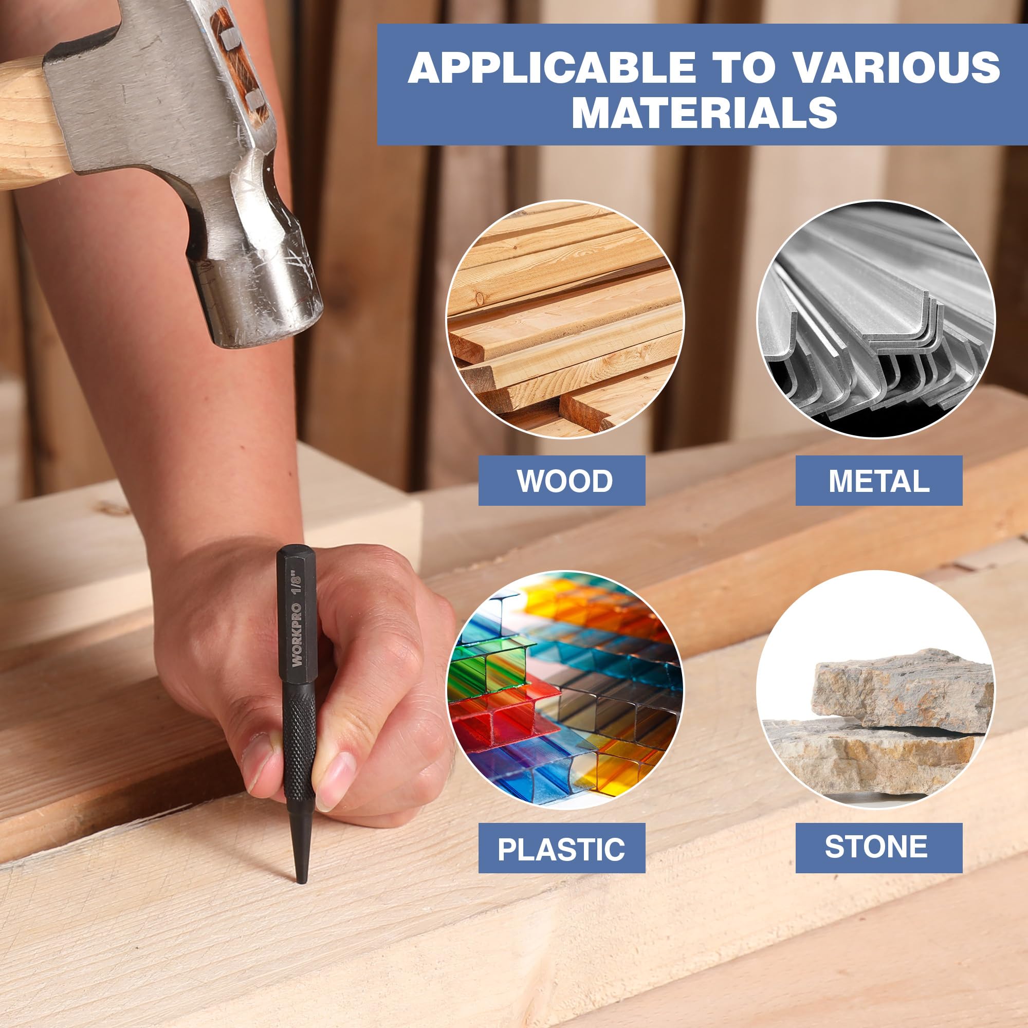 WORKPRO 4-Piece Nail Punch and Center Punch Set Hardened Cr-V Steel with Knurled Grip 1 32 1 16 — view 7