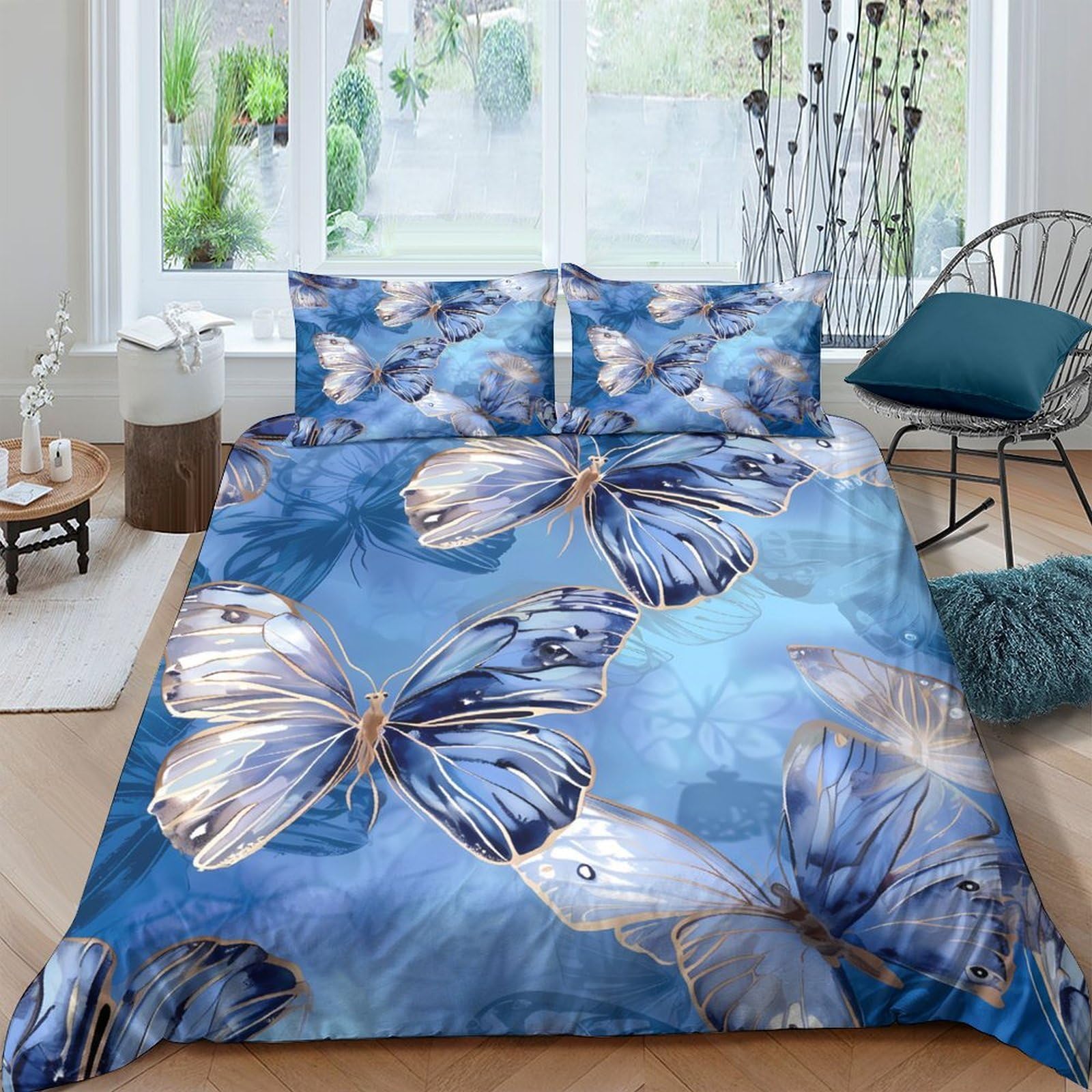 Ctjqhvkz Style-9 3D Printed Blue Butterfly Fitted Sheet Microfiber Soft Breathable Dream Garden Bed Cover Bedroom Dorm Decor Single（135X200cm）
