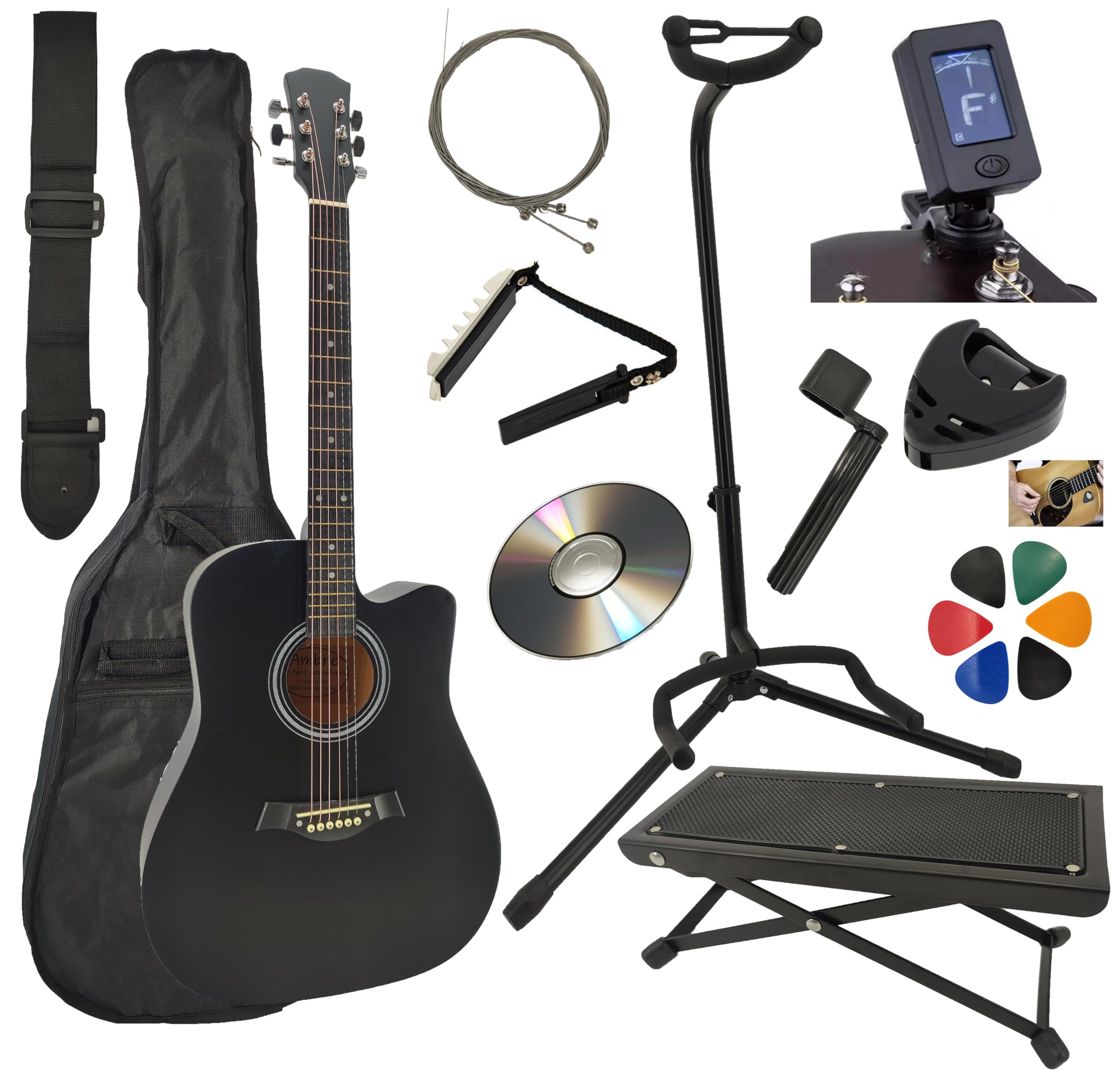 Guitare Acoustique Folk 4/4 Adulte 41 Pouces + Support Guitare + Repose Pied + 9 Accessoires Cour Vidéo et CD (Noir)