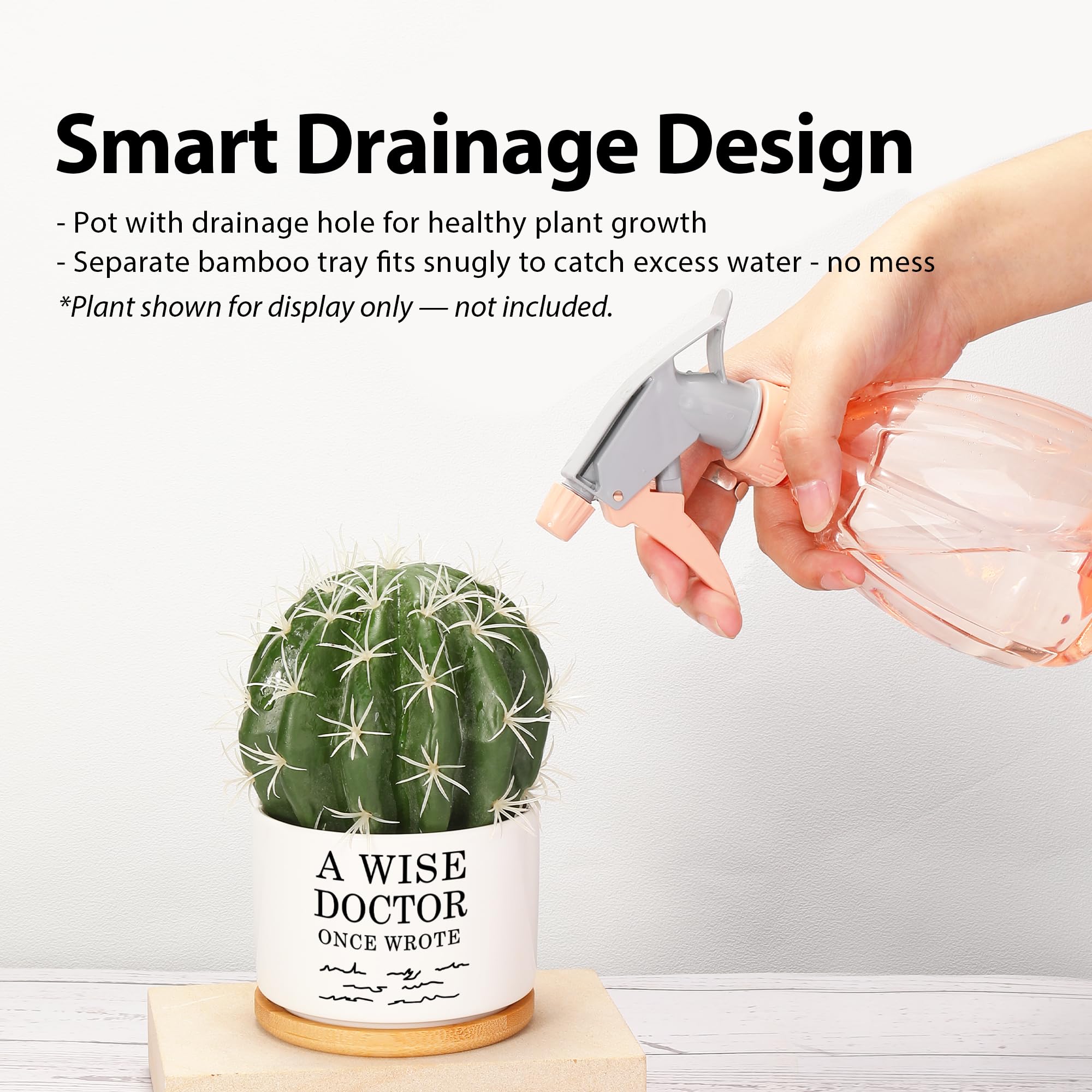 A Wise Doctor Once Wrote Ceramic Succulent Plant Pot with Tray Doctor Gifts Home Office Decor Indoor Plant Dr Graduation Gift 3.5 Inch White (No Plants) (with Bamboo Tray)