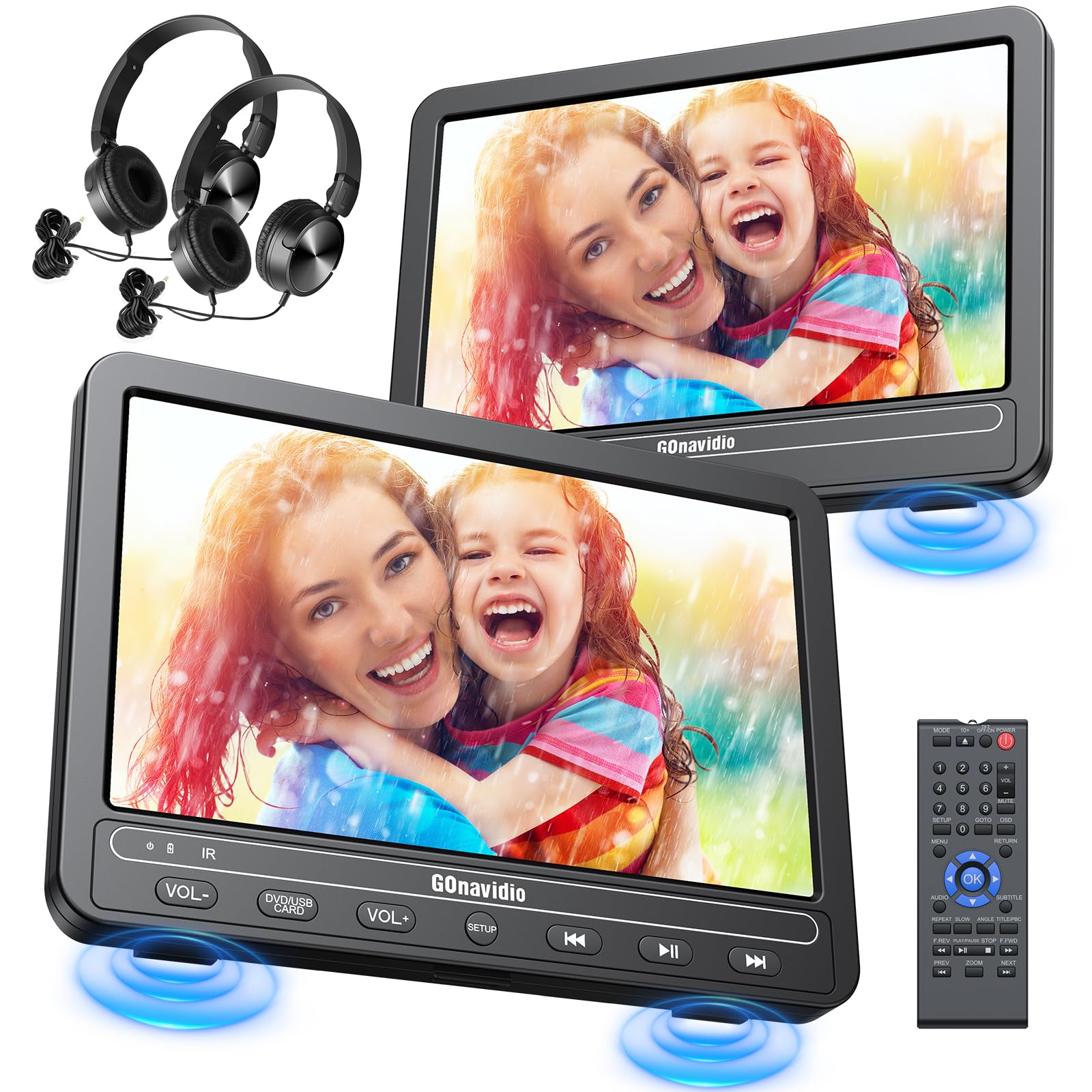 GOnavidio 10,1" Lecteur DVD Voiture 2 Ecrans pour Enfant avec 2 Casques, Région Libre,ecrans Voiture Enfant de 5 Heures pour Voyage,Prise en Charge USB/SD(Un Lecteur et Un Moniteur)
