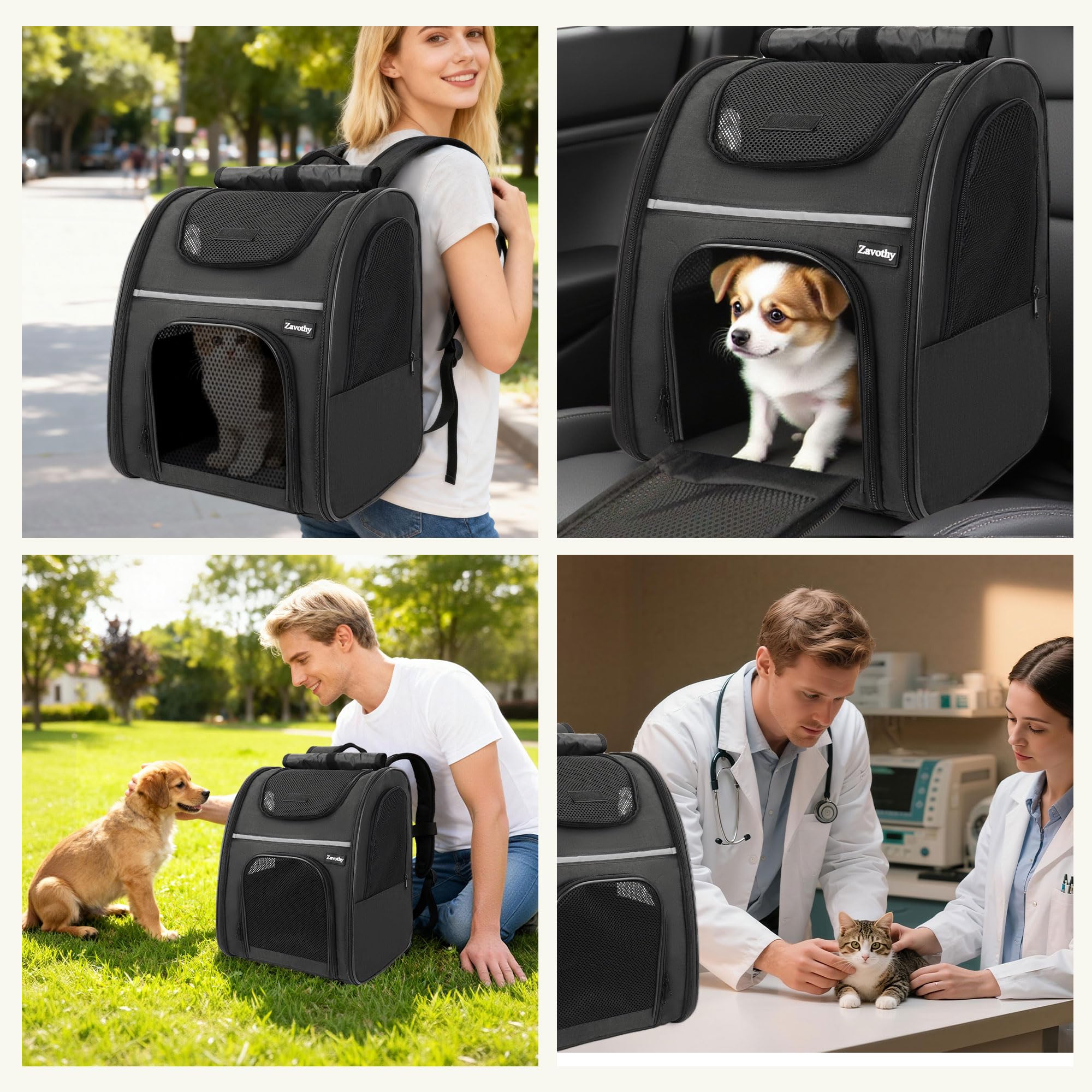 Zavothy Zaino per Cani e Gatti, Zainetto Trasportino Portatile e Pieghevole, con Finestra a Rete e Supporto Imbottito per la Schiena, Traspirante, Carico Massimo 8kg (Nero)