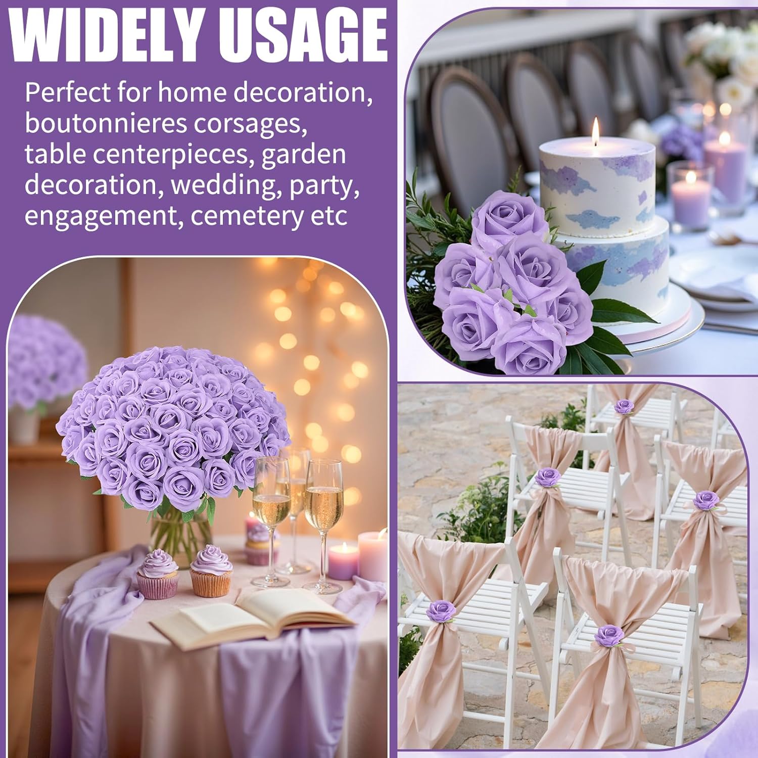 72 Pcs Artificial Roses Light Purple Fake Silk Roses Realistic Roses Faux Flower Indoor Wedding Home Decor, Birthday Decorations - Image 4