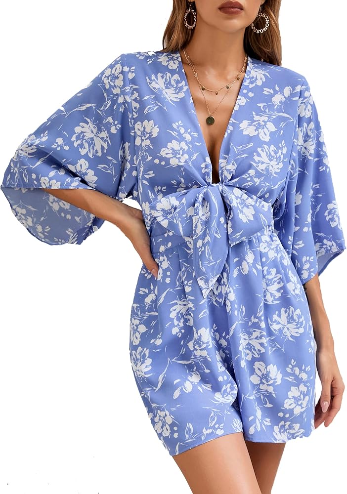 Amazon.com: MISSKY Rompers For Women Cute Summer V Neck Self Tie