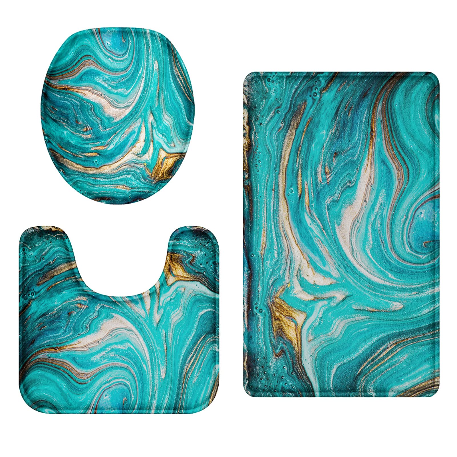 Britimes Turquoise Bathroom Rug Set of 3 3 Pieces Teal Bath Mats Set Green Marble Ripples No Slip Washable Cover Floor Rug Decorations for Bathroom