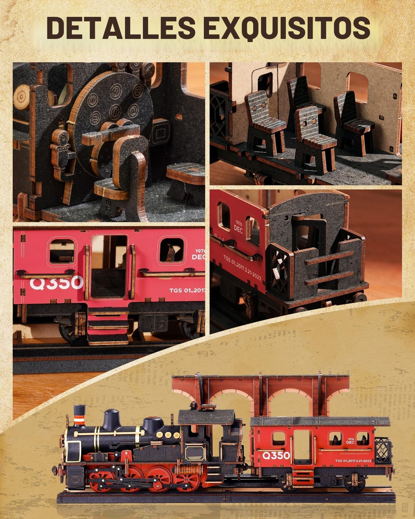 ROWOOD Puzzle 3D Madera Tren A Vapor, Maquetas para Construir De Modelo De Tren De Madera para Adultos, Set De Manualidades Vintage, Regalos De Cumpleaños Y Navidad DIY para Hombres Y Niños