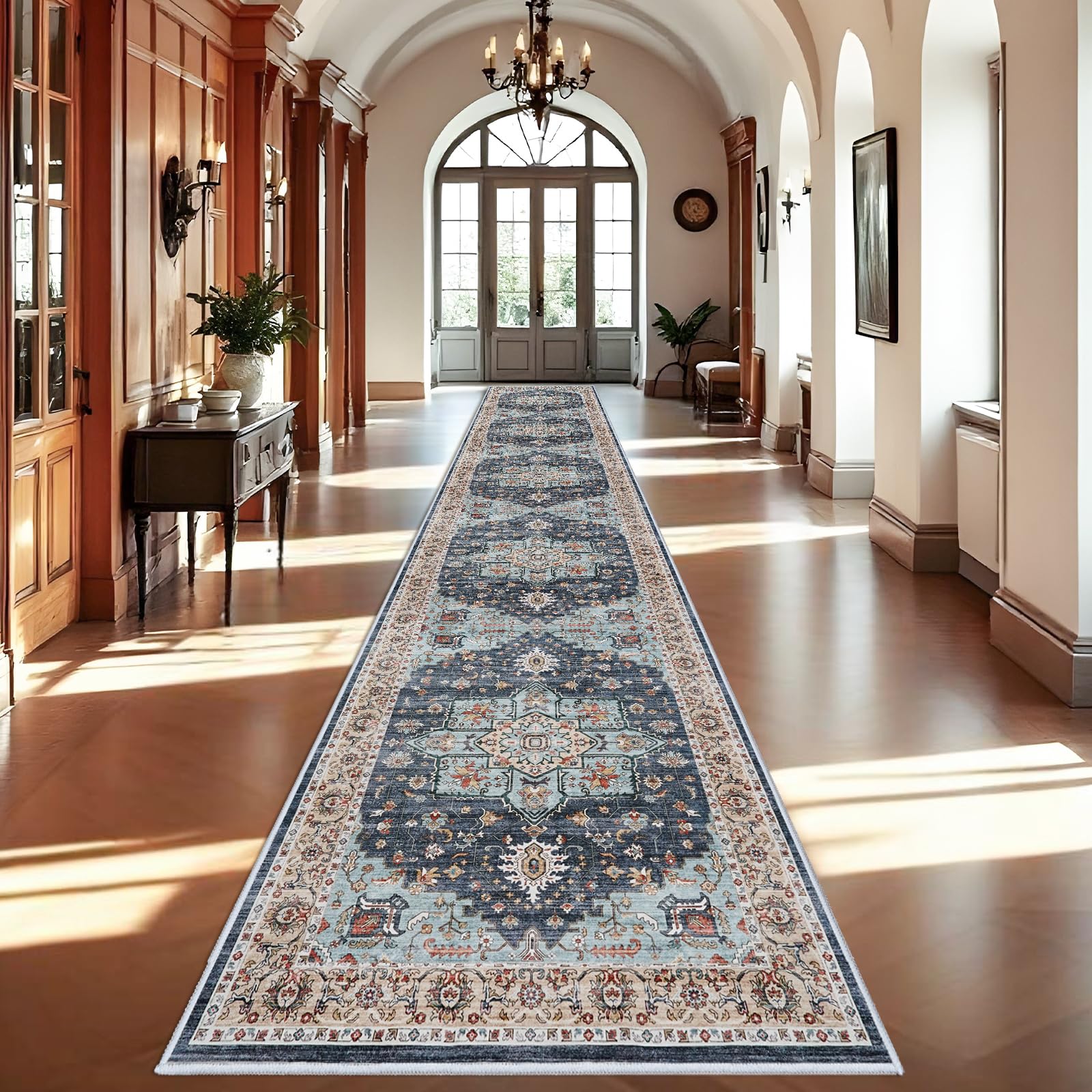 Washable Oriental Hallway Runner Rug - 3x20 Rugs for Living Room Soft Carpet for Bedroom Kitchen Waterproof Floral Distressed Indoor Stain Resistant