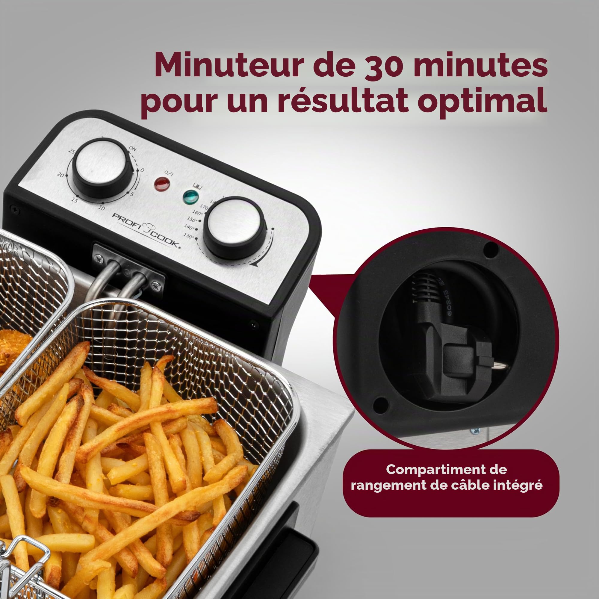 ProfiCook PC-FR 1038 Friteuse double, 2 petits & 1 grand paniers à friture, capacité 5 litres, filtre permanent contre les odeurs et les graisses, 3000 watts, boîtier en inox