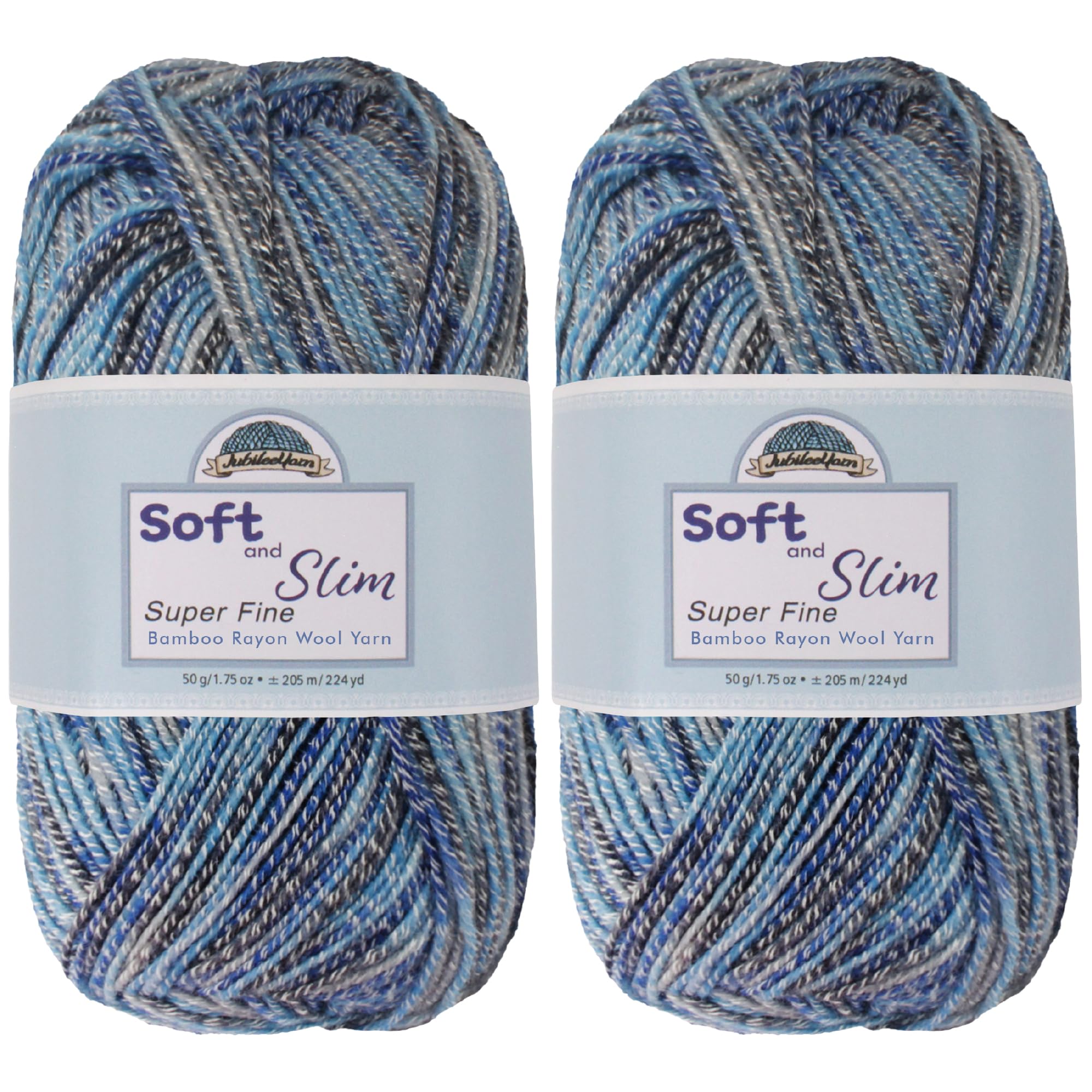 JubileeYarn Soft and Slim Yarn - 50g/Skein Bamboo Rayon Wool Blend - Blueberry Splash - 2 Skeins