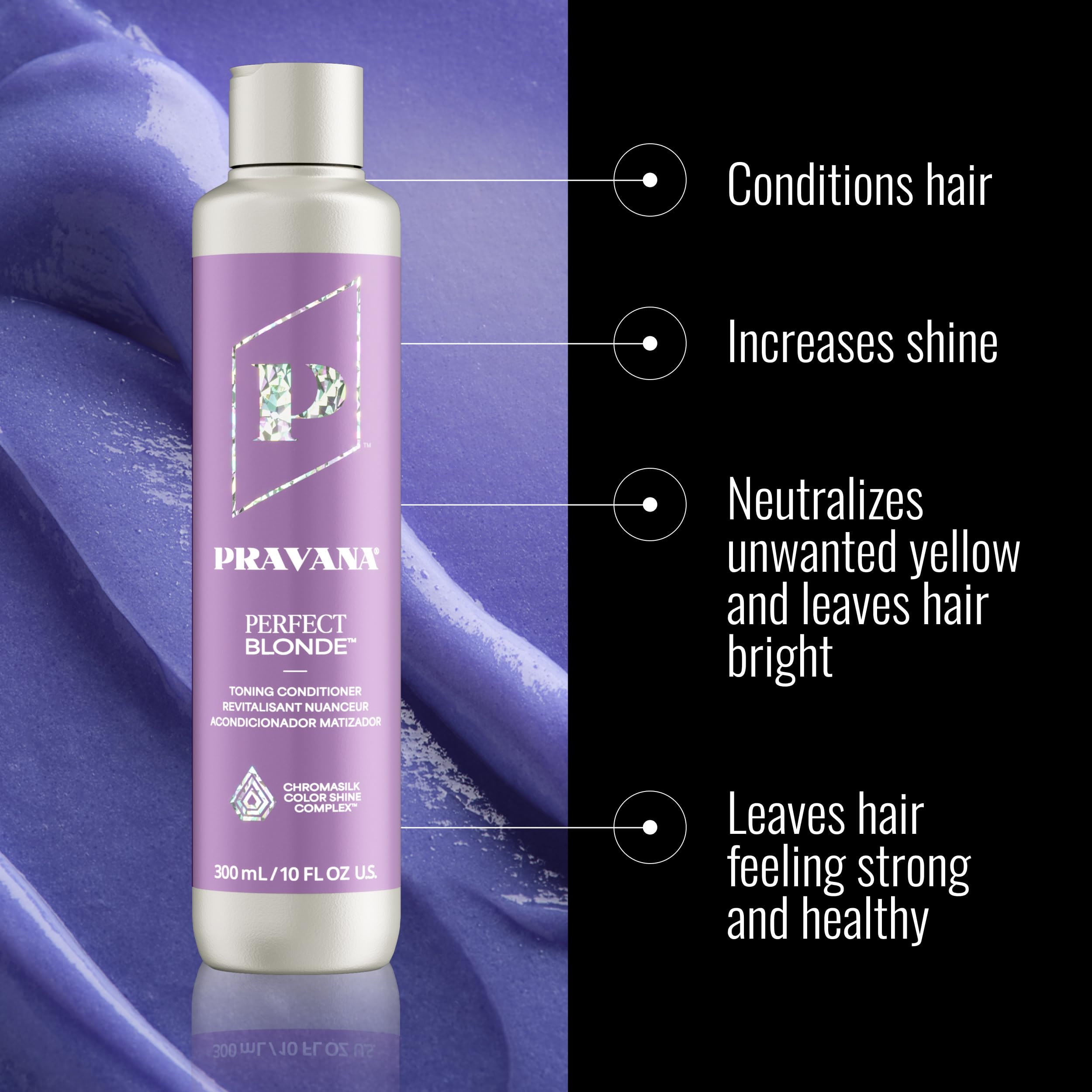 PRAVANA The Perfect Blonde Purple Toning Conditioner | Neutralizes Brassy, Yellow Tones | For Color Treated Hair | Chromasilk Enhances Shine & Protection | Vegan, Cruelty-Free | Paraben & Sulfate Free