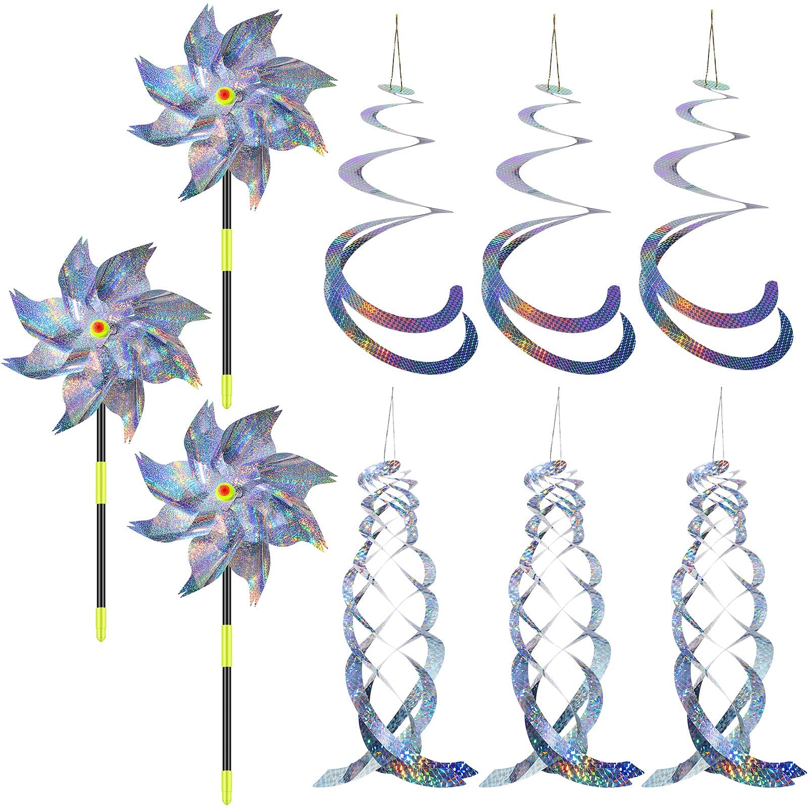 KASTWAVE Bird Spiral Reflectors, Hanging Reflective Bird Geese Deterrent Device, Outdoor Silver Mylar Spinner Garden Decorative Scare Birds Away, Like Woodpeckers, Pigeon and Geese (9Pcs)