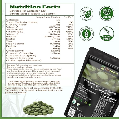 Miniatura 6 de Go Nutra Comprimidos orgánicos de espirulina Chlorella mezcla 5050  Superalimento denso en nutrientes  Proteína vegana, clorofila, enzimas  500 mg
