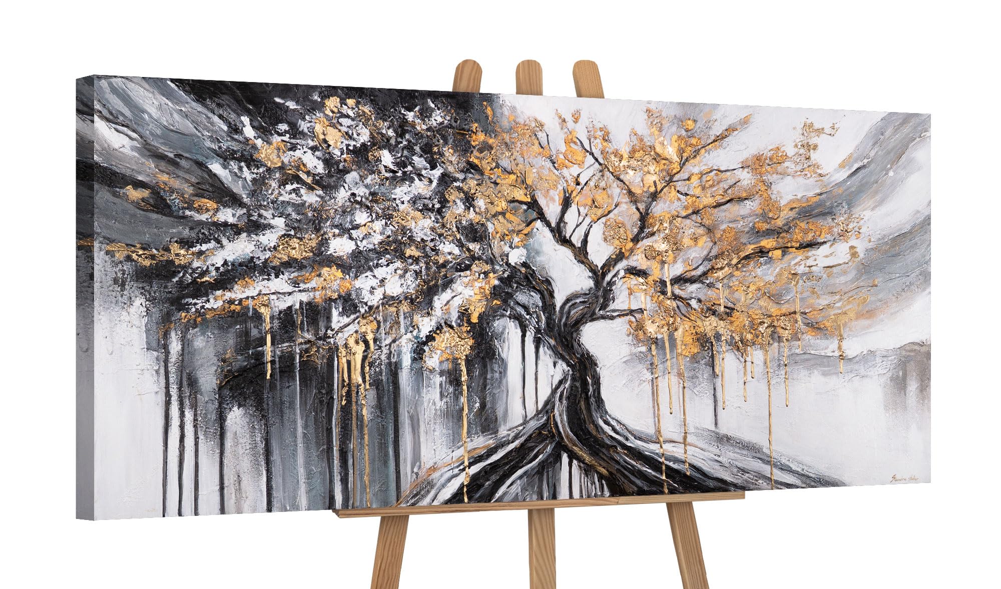 YS-Art Original Handmade Tree of Life Painting Acrylic Canvas – Landscape Black White Gold Nature Wall Art for Living Room Bedroom Classic Modern Decor 45x20 inch