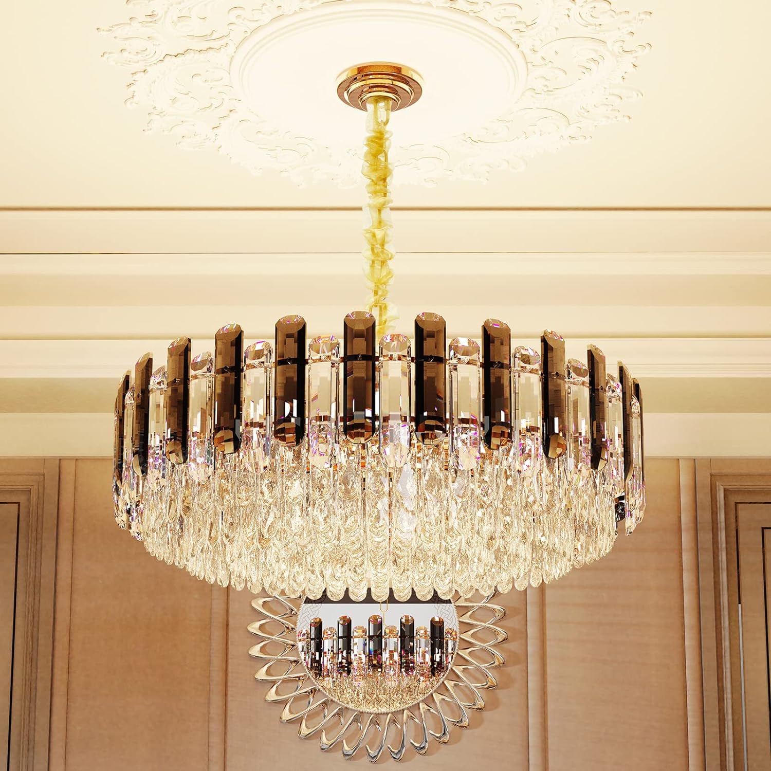 LUVODI Modern Luxury Round Crystal Chandelier: 40cm 3-Tiers Ceiling Hanging Pendant Light with 6 Bulbs - Contemporary Lighting Fixture Lamp for Kitchen Island Bedroom Transparent Grey
