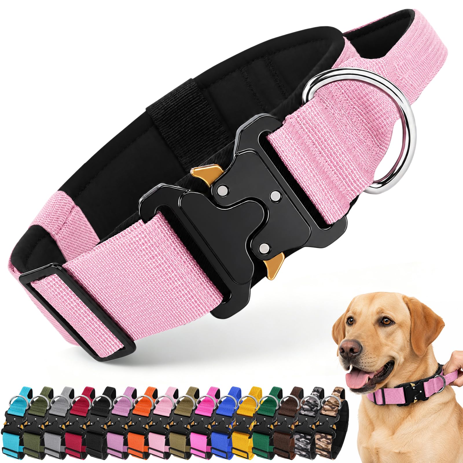 Tactical Dog Collar, Adjustable Basic Military Dog Collar with Handle and Metal Buckle, Heavy Duty Wide Thick Comfortable Nylon Pet Collar for Medium Large Dogs Hunting Training Outdoors (Pink, M)