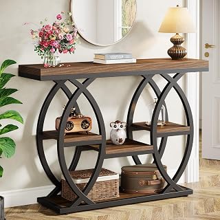 Tribesigns 39.4" Industrial 4-Tier Console Table, Rustic Brown Sofa Entryway Table with Storage Shelves, Narrow Accent Table for Hallway Foyer Small Spaces