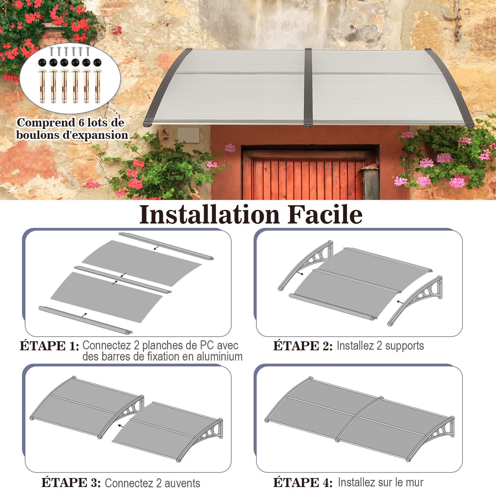 RELAX4LIFE Marquise de Porte Exterieur 200x100 CM, Auvent Porte d’Entrée en Polycarbonate, Protection Contre Pluie et UV, Auvent Marquise Aluminium pour Terrasse (200 x 100 cm,PC Transparent/Gris)