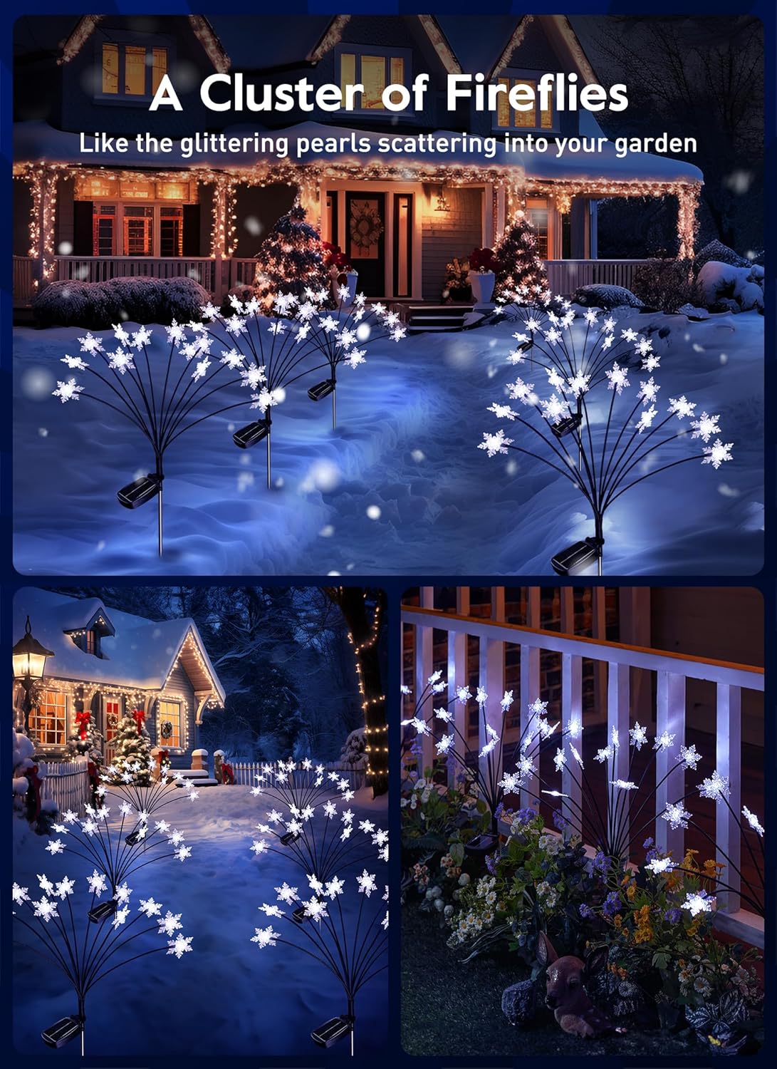 Multiple snowflake solar lights installed in a garden, creating a firefly effect.