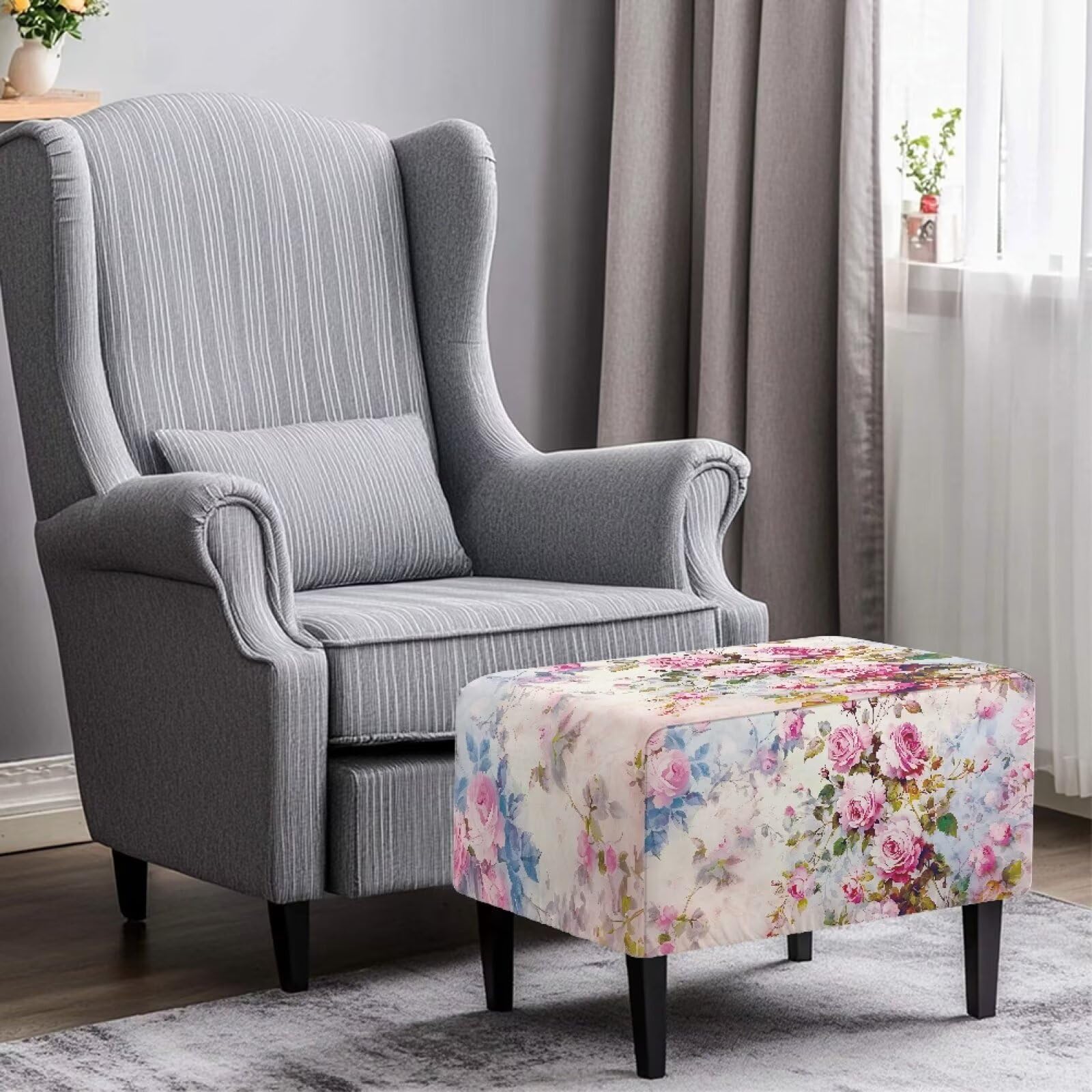 Sellikakes Pink Rose Rectangle Ottoman Slipcover 30x24x15 inch Folding Storage Footstool Furniture Protector Removable Square Ottoman Cover with Elastic Bottom Living Room Home Decor