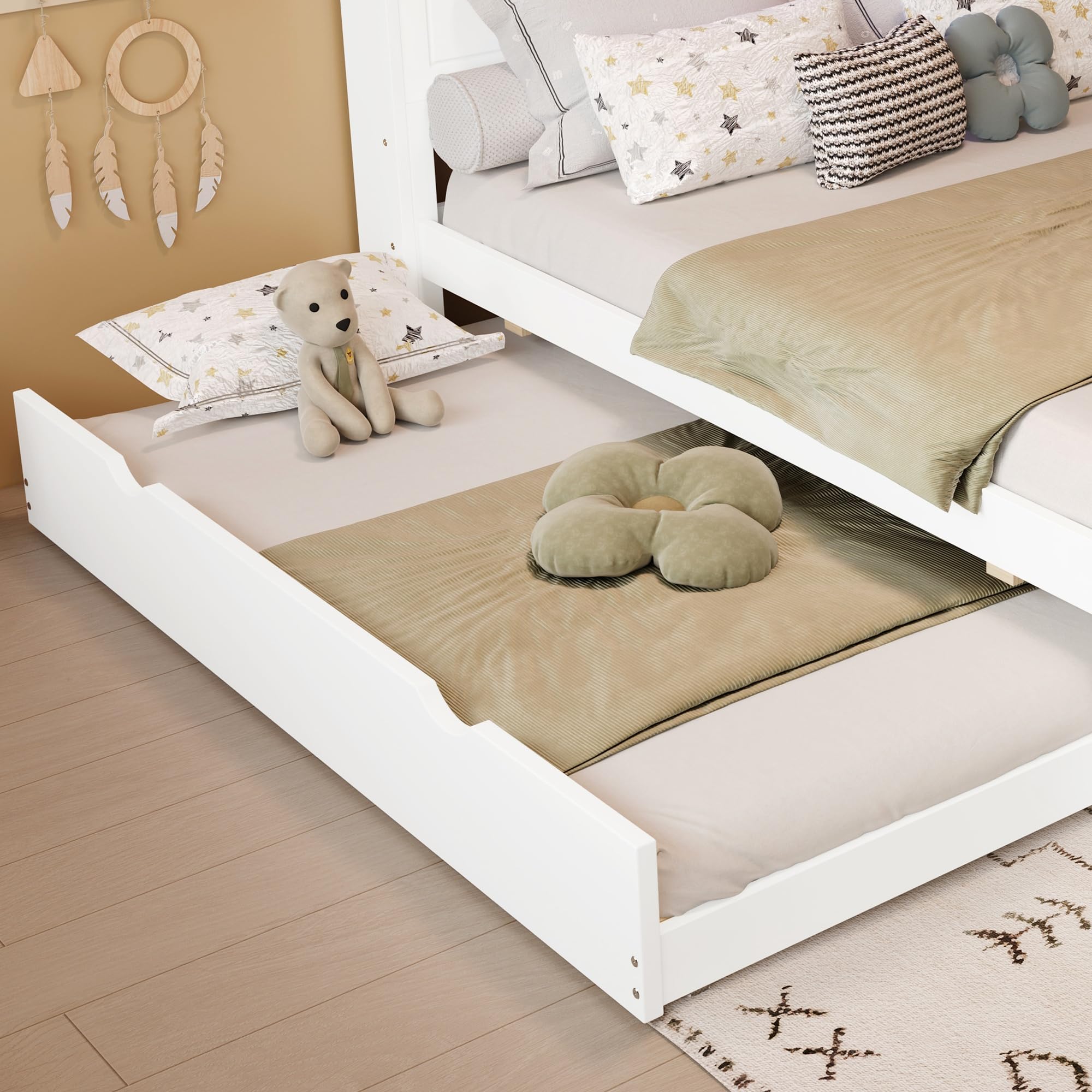 Cama doble con cama nido de color blanco, pino y tablero de fibra de densidad media, 120 x 200 cm y 90 x 190 cm, con tira de luz LED, toma de carga, almacenamiento de cabecero