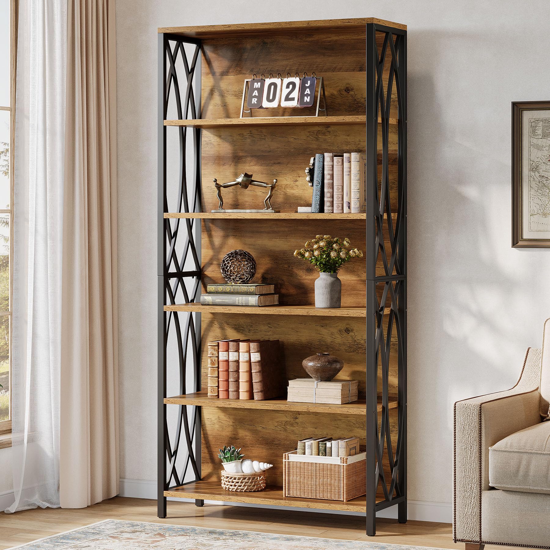 Photo 1 of ***missing hardware*** Tribesigns 70.87" Tall Bookshelf, 6-Tier Industrial Bookcase with Geometric Metal Frame & Open Storage Shelves, Rustic Freestanding Display Shelf for Home Office, Living Room, Brown& Black