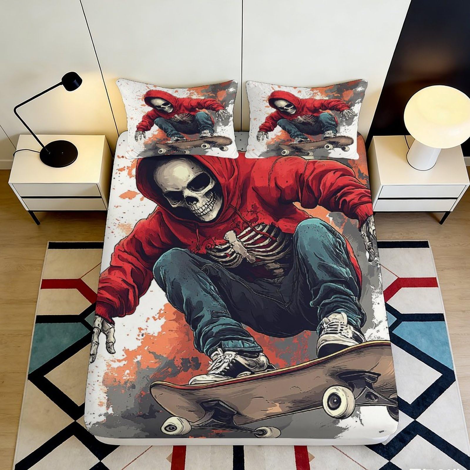 3D Printed Red Hoodie Skeleton Fitted Sheet Microfiber Soft Art Skateboard Bed Cover for Bedroom Dorm Room Decor 140x200x25cm