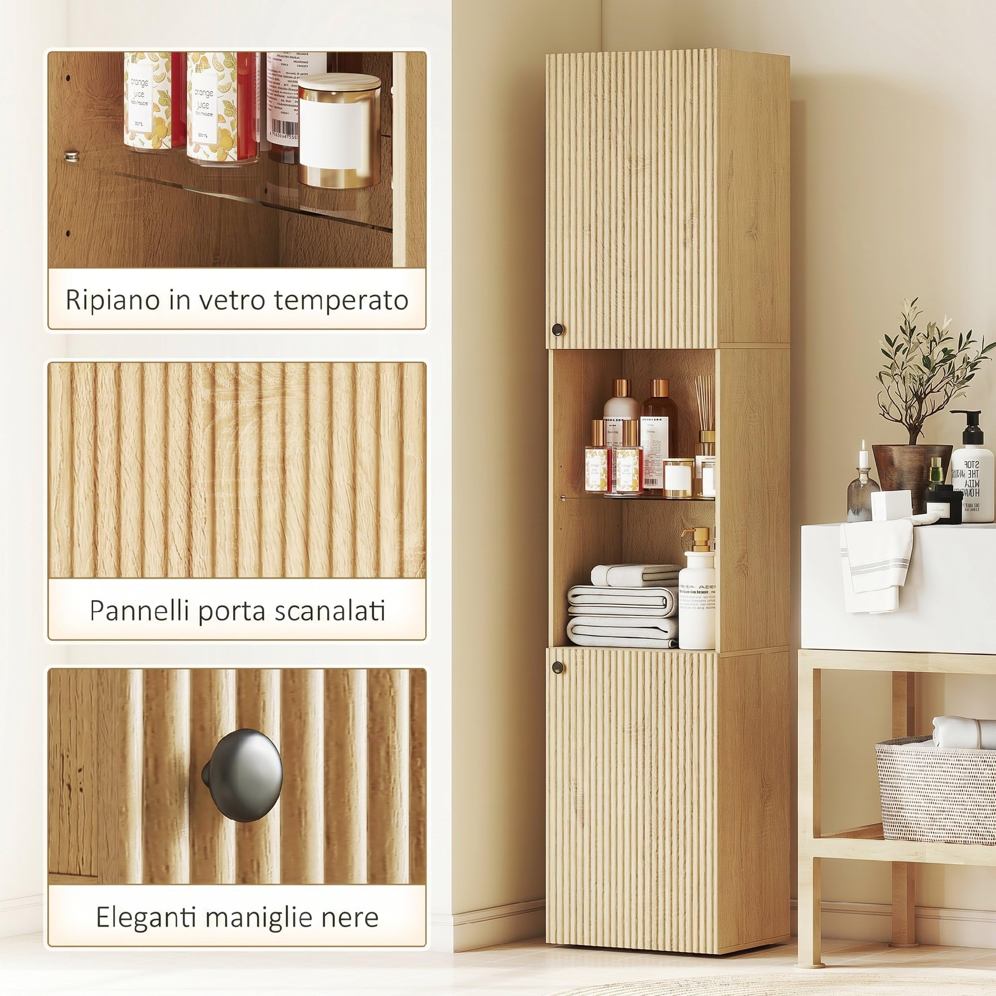 HOMCOM Colonna da Bagno Mobile Bagno Slim 6 Ripiani 40x31x182cm Rovere | 2 Ante, Scomparti Aperti, Ripiano in Vetro Temperato, Ripiani Regolabili, per Toilette e Piccoli Spazi