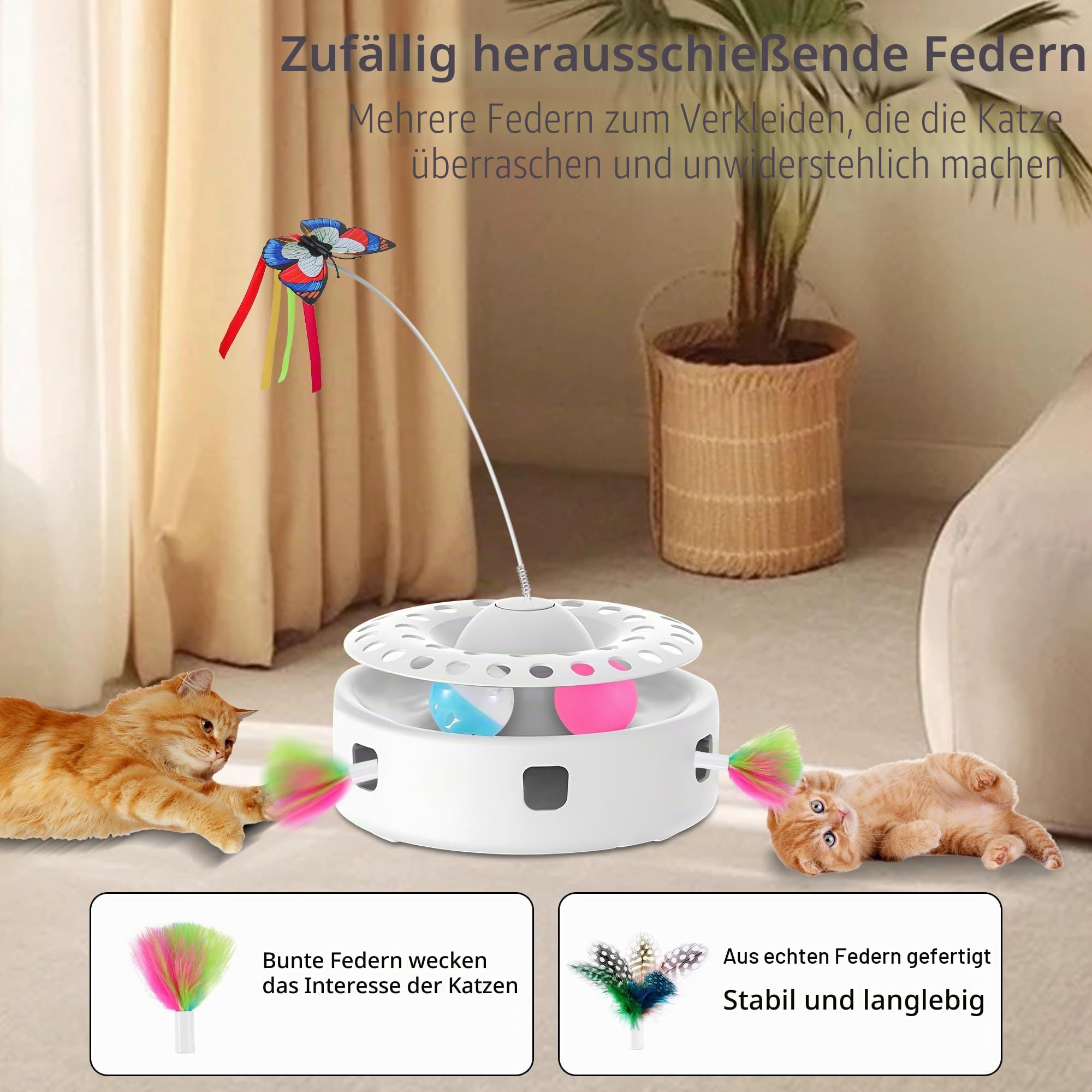 Soarer Katzenspielzeug 3 in 1 automatisches interaktives Katzenspielzeug, Fliegender Schmetterling, Fliegende Feder, mit 4 austauschbaren Zubehör, Touch Rolling Ball, Dual Power Mode