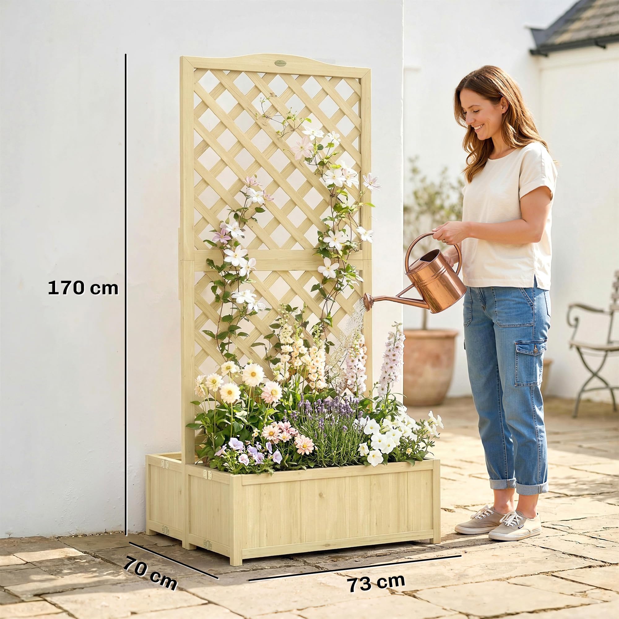 Outsunny Jardinière avec Treillis en Bois Massif - Carré Potager Pliable avec Double Bac à Fleurs - Lit de Jardin 170cm de Haut pour Plantes Grimpantes sur Balcon, Terrasse Brise-Vue, Naturel
