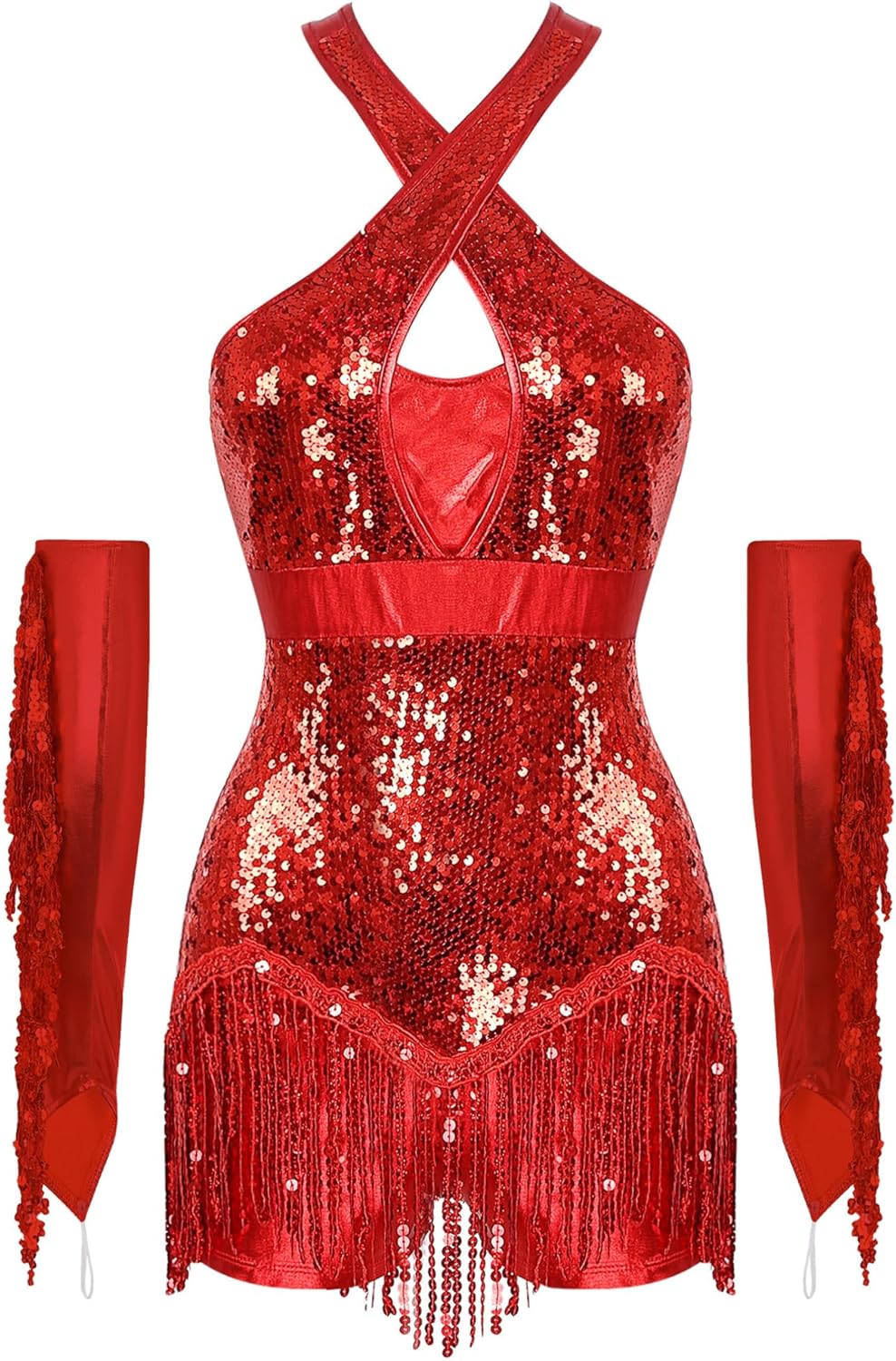easyforever Women's Paillette Tassel Latin Dance Leotard with Tassels Metallic Gloves Lyrical Dance Costume