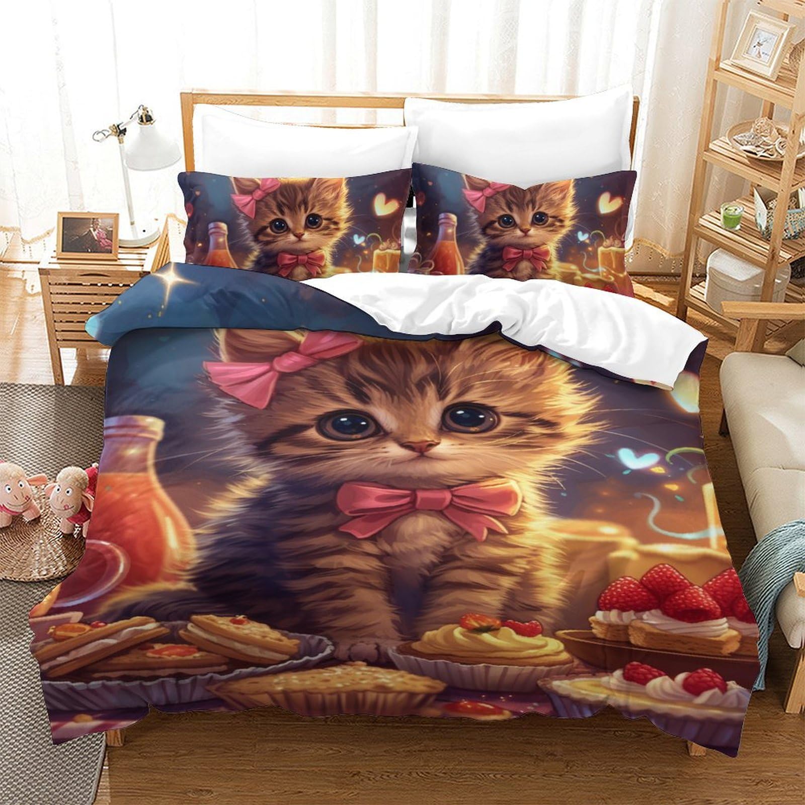 Linge de lit chat mignon 3D pour chambre d'enfant en microfibre respirante