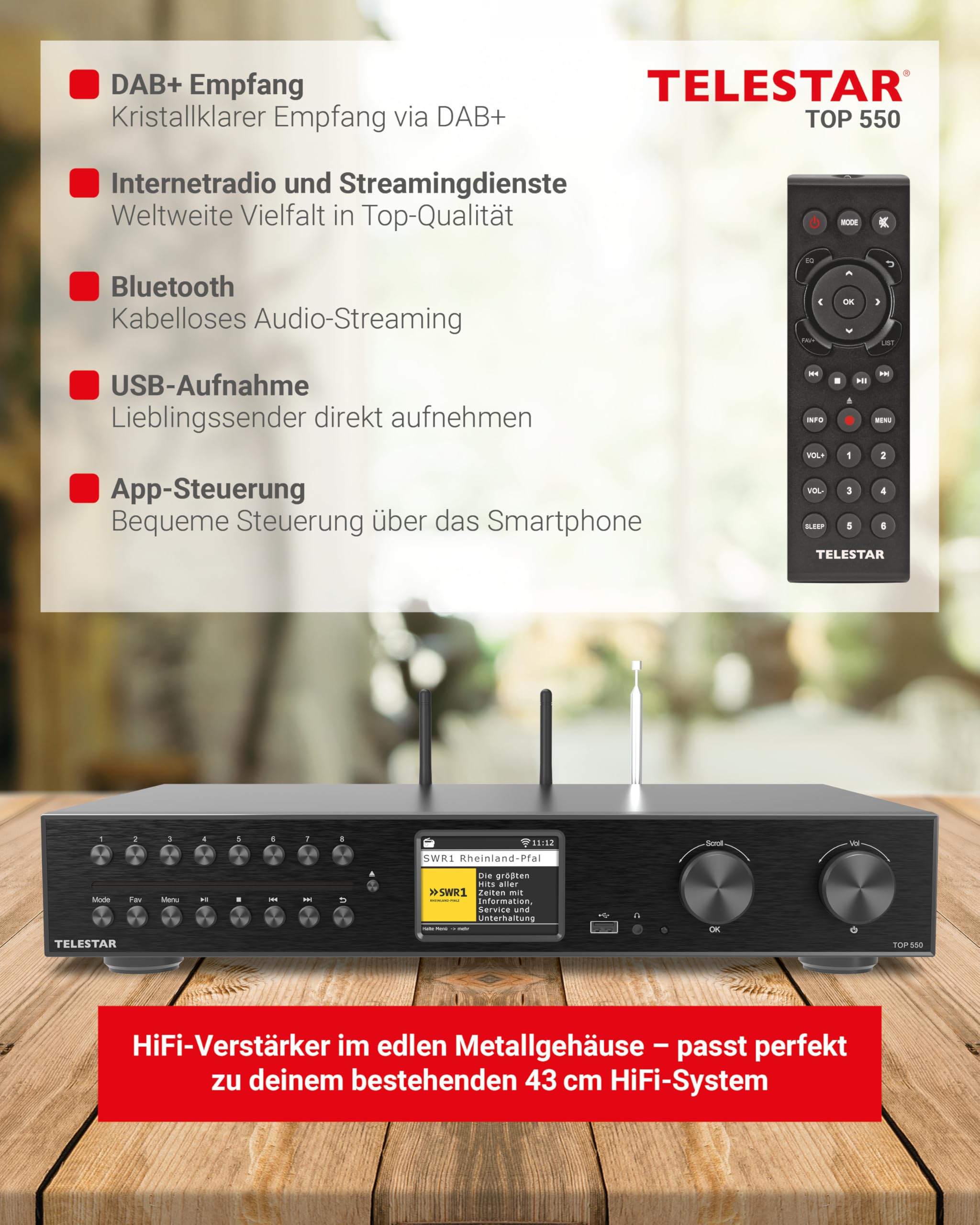 TELESTAR TOP 550 – HiFi-System mit Verstärker & CD-Player, 43 cm – Schwarz | 2 × 30 W, Internetradio/DAB+, Bluetooth Audio-Streaming & Sendefunktion, Hotelmodus, USB-Aufnahme, Streamingdienste