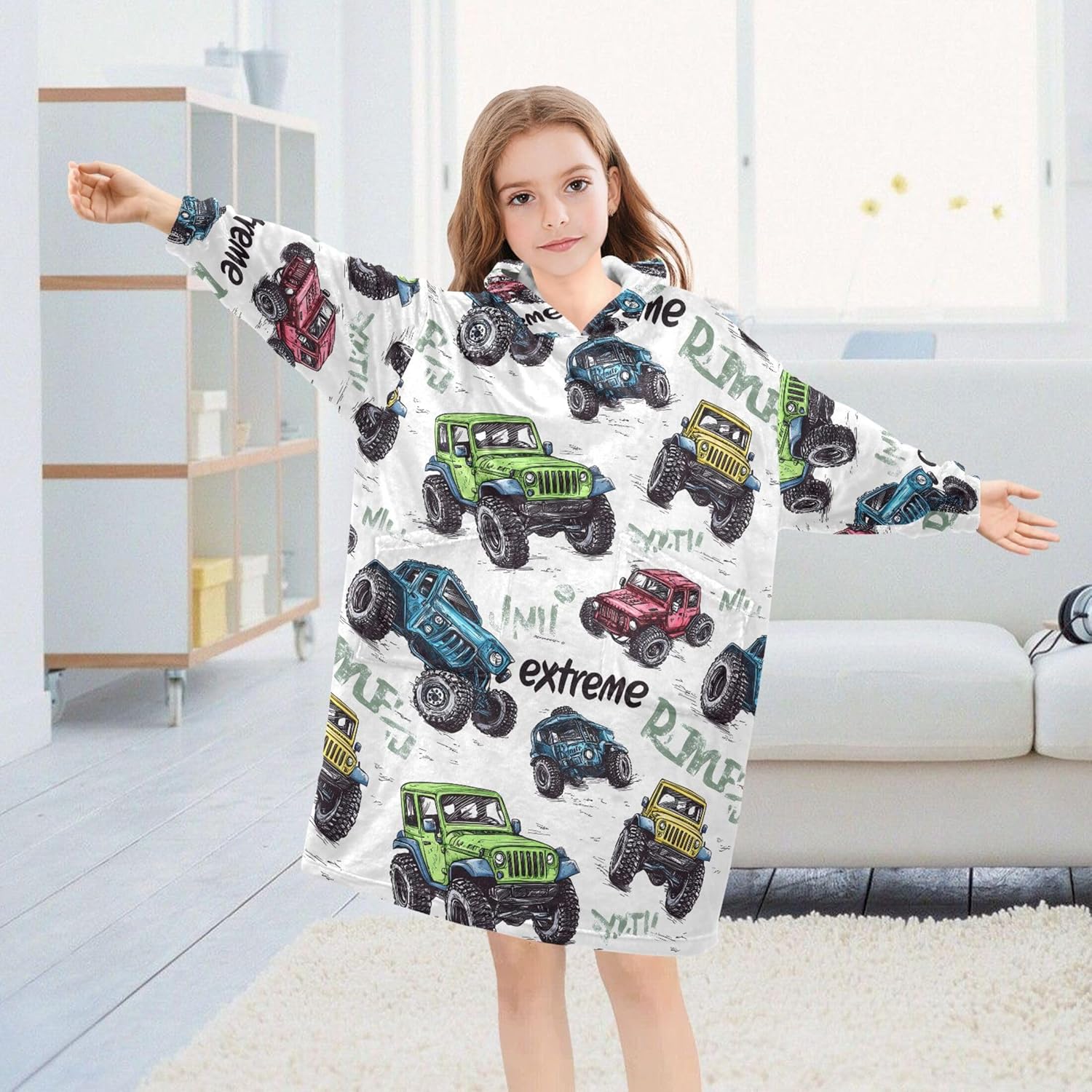 Watercolor Car Kids Wearable Blanket Hoodie with Pocket and Sleeves for Toddlers, Cute Hoodies Girls Boys B0403817