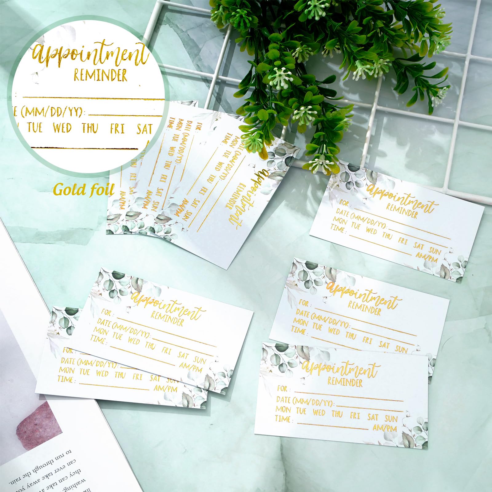 AnyDesign 200 tarjetas de recordatorio de citas verdes, diseño de follaje, tarjetas de cita de lámina dorada para negocios, peluquería, oficina, spa, masaje, aseo de perros, suministros de restaurante