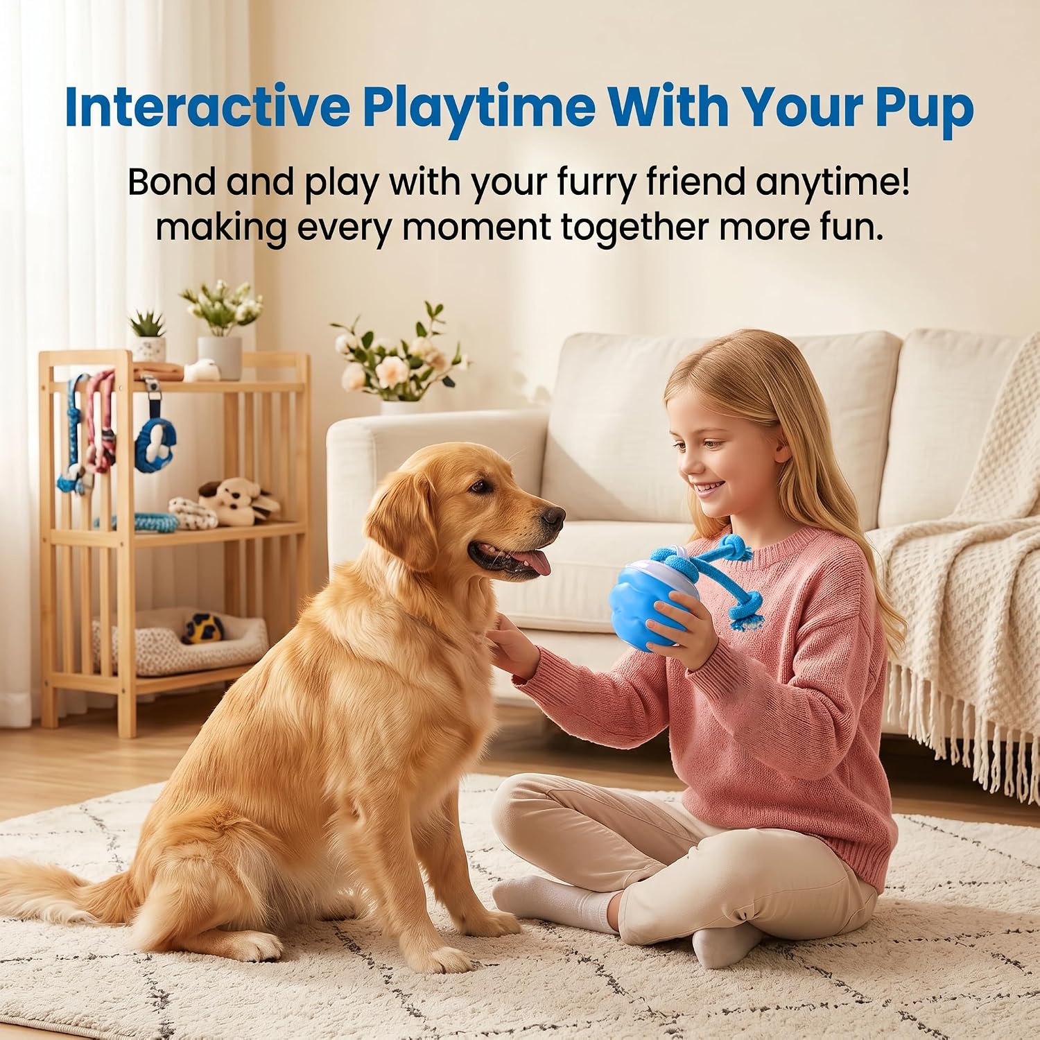 Interactive Dog Toys, Automatic Rolling Ball with Rope, Blue image 4