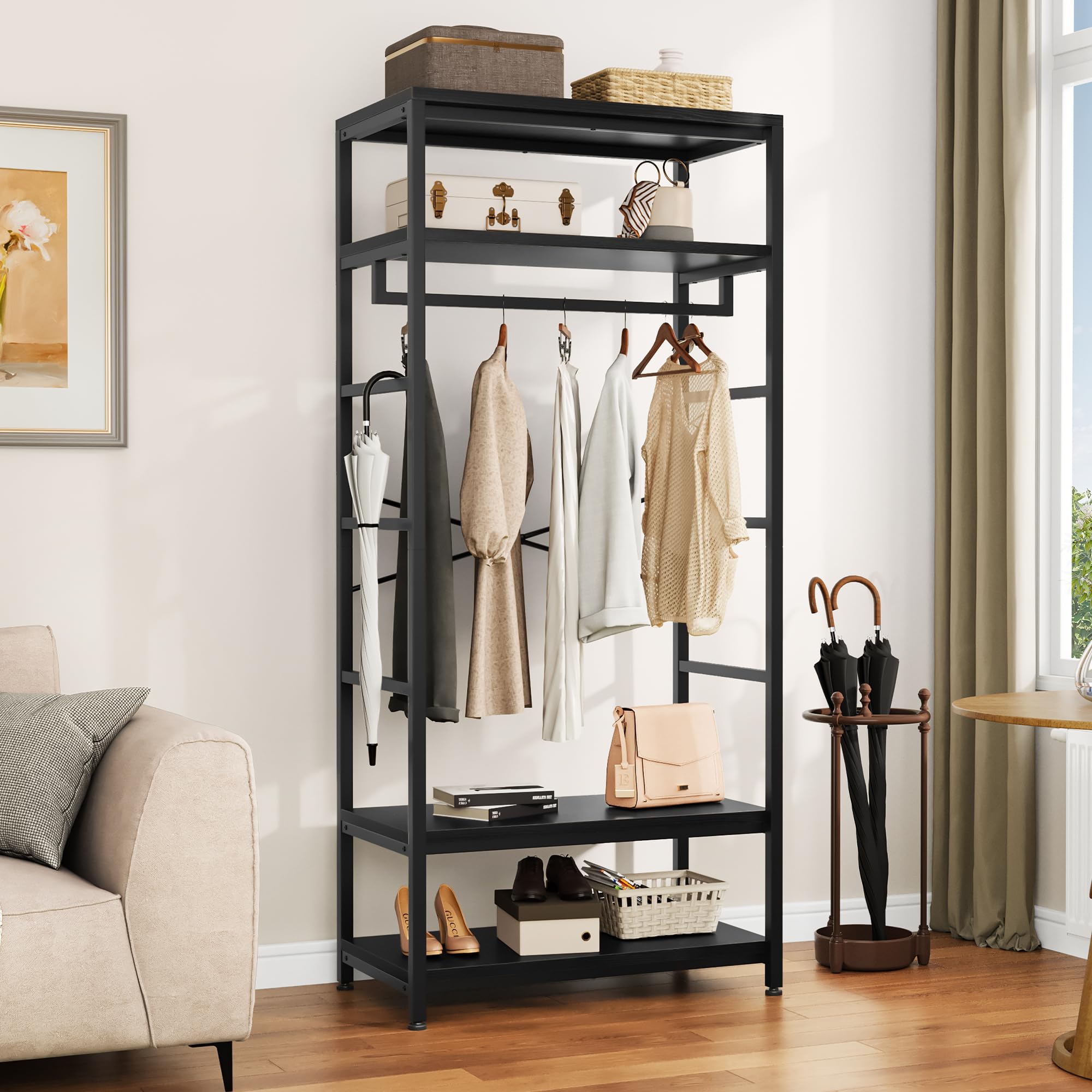 YITAHOME Coat Rack Stand with Shoe Storage, Floorstanding Hall Tree with 2 Shelves Industrial Clothes Rail Garment Rack Clothing Storage Shelving Unit for Entryway Hallway Bedroom Living Room, Black