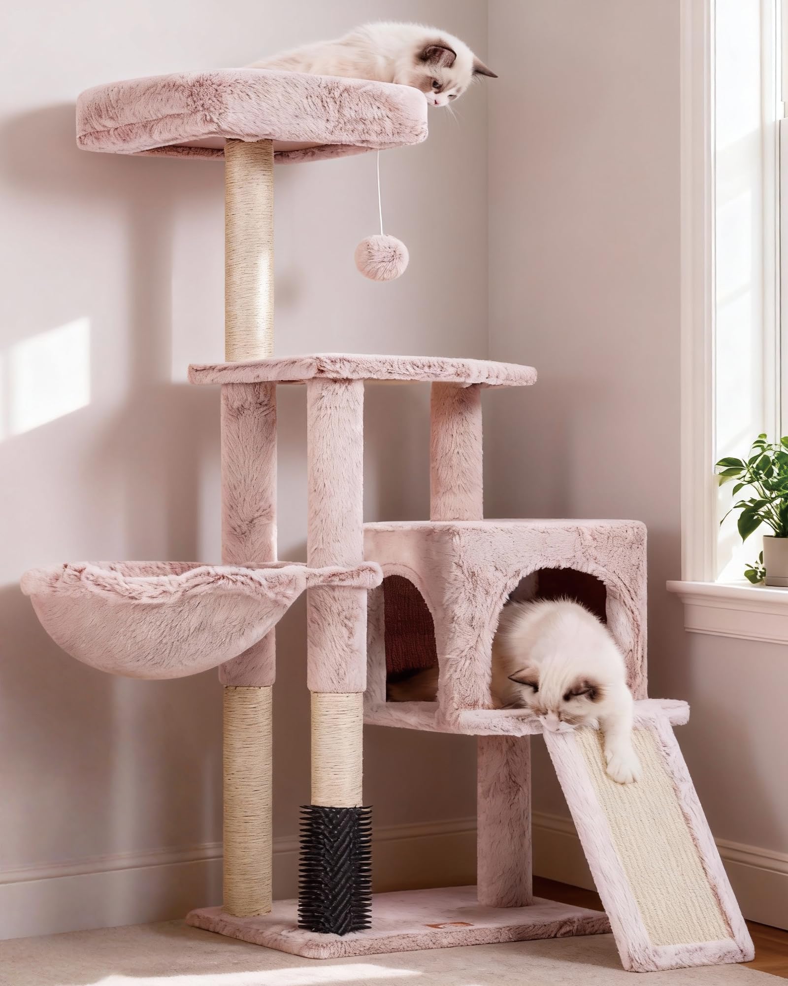 Heybly キャットタワー 子猫とシニア猫に最適 超スリム 据え置き型 省スペース 登りやすい ハンモック 天然麻ロープを使用した爪研ぎボード 高さ108cm ローズブラウン HCT005SMU
