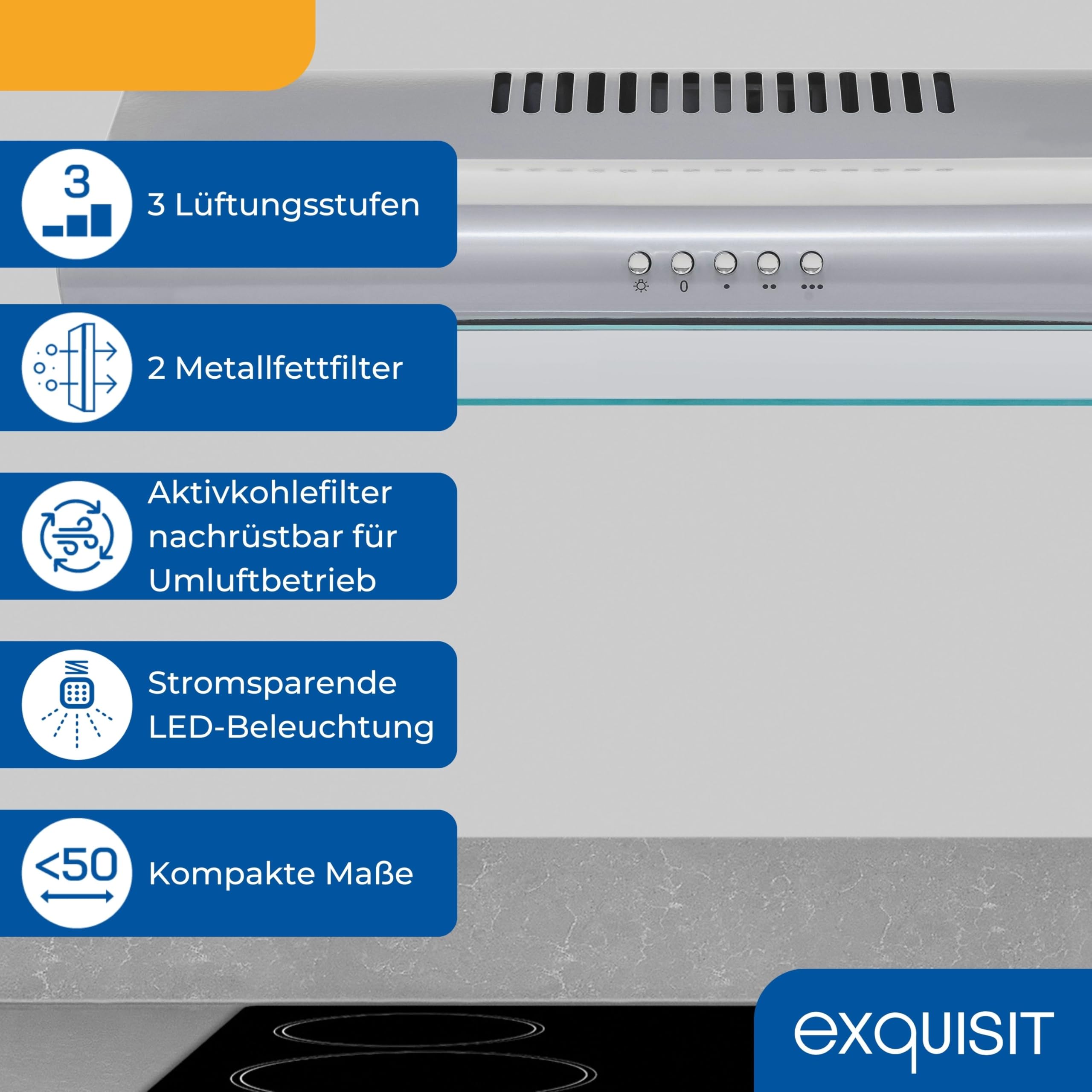 Exquisit Dunstabzugshaube 50cm Abluftbetrieb Unterbauhaube 3 Lüftungsstufen Metallfettfilter UBH50-020 inoxlook