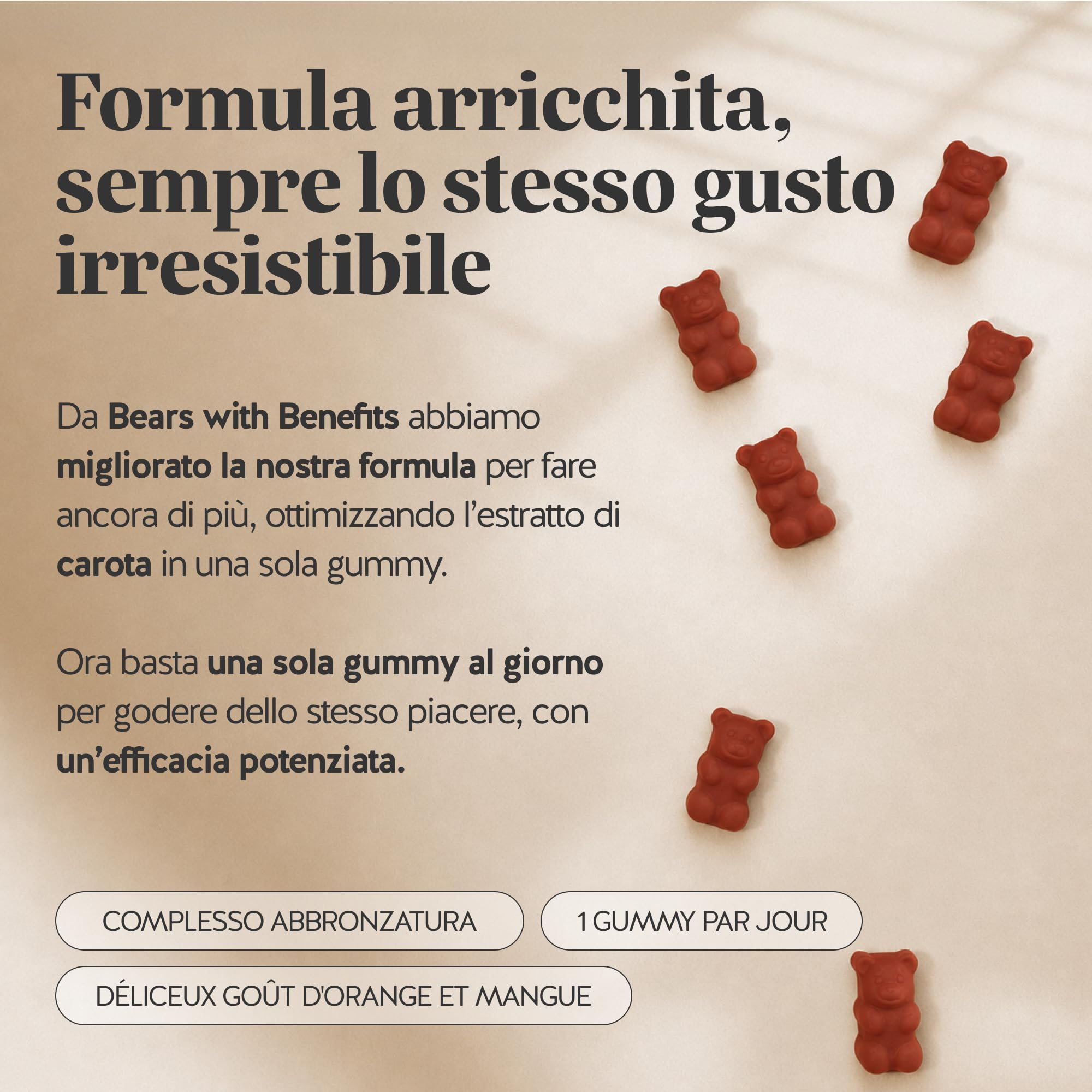 Golden Goddess Tan Vitamin Caramelle Gommose - Complesso Abbronzante - Vitamina C, E, D, Betacarotene e Rame - 30 pezzi (1 mese) - Senza Zucchero, Vegano - Bears with Benefits